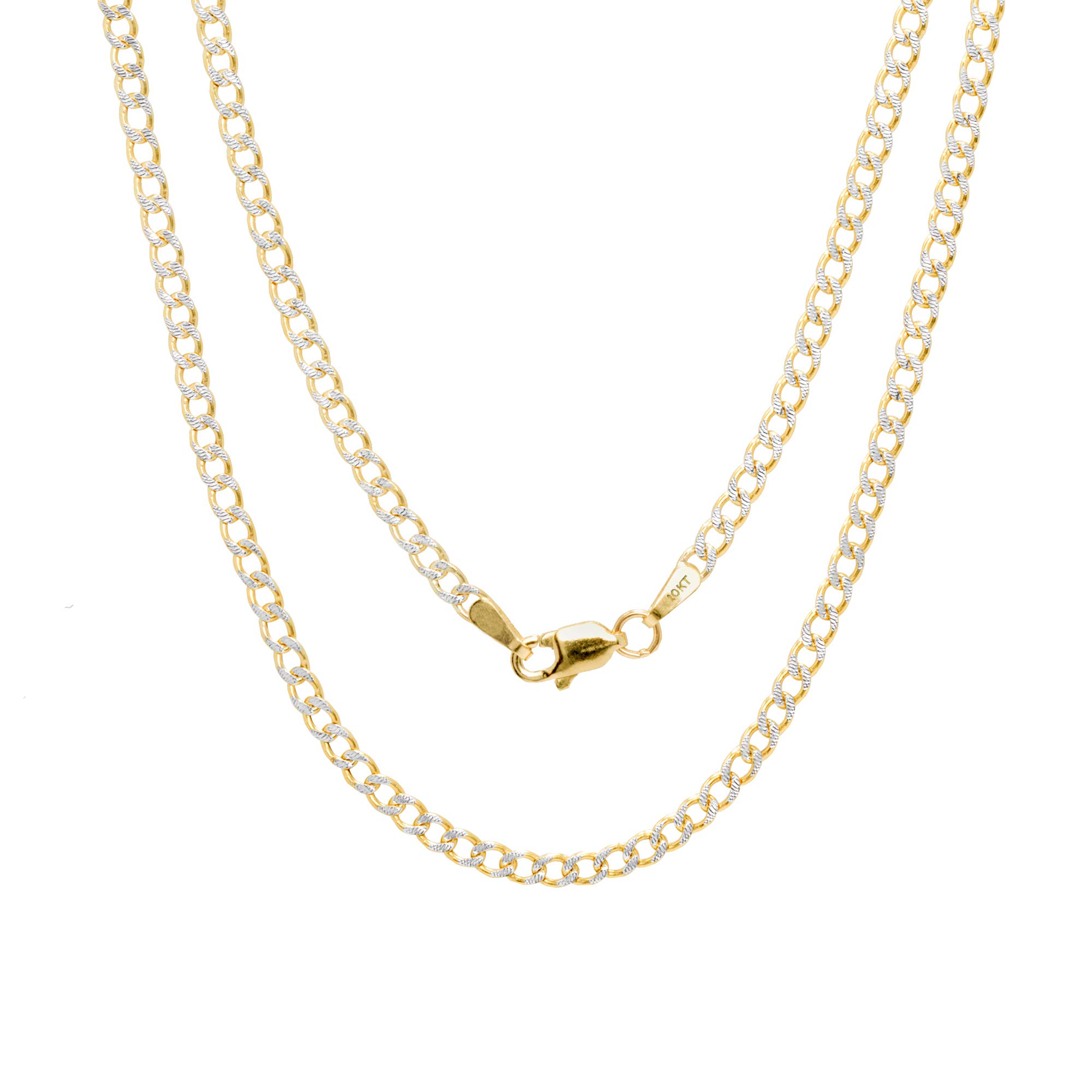 10K Real Yellow Gold Cuban Curb Link Chain Necklace - 2.5mm Diamond Cut Pave Design (16