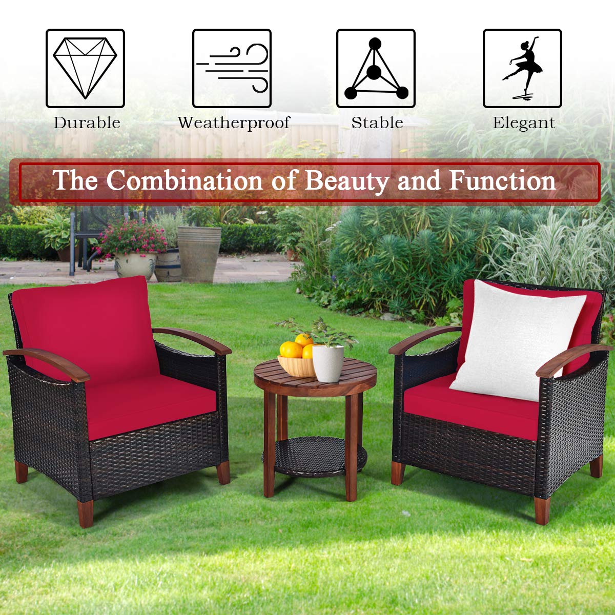Tangkula 3-Piece Outdoor Patio Furniture Set - Rattan Sofa & Side Table with Solid Acacia Wood Frame, Heavy Duty Conversation Bistro Set with Washable Removable Cushions (Red) - Perfect for Garden, Backyard, Balcony and Poolside Relaxation