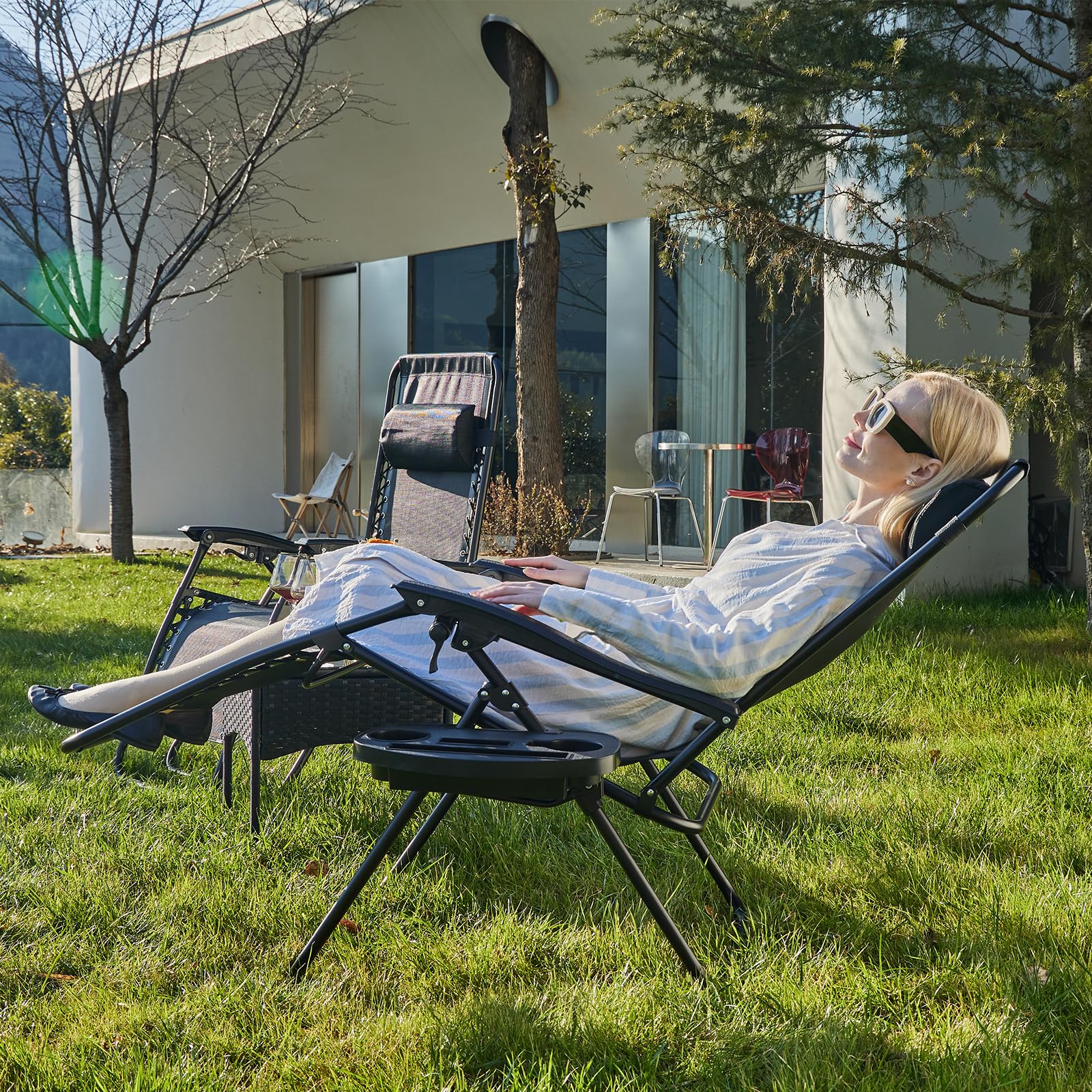 2 Pack Zero Gravity Lounge Chairs - Adjustable Ergonomic Recliners with Sturdy Steel Frame & Breathable Mesh Support - Outdoor Patio Folding Chairs for Pool, Beach, Backyard & Garden Relaxation - Includes Pillow & Cup Holder (Classic Black)