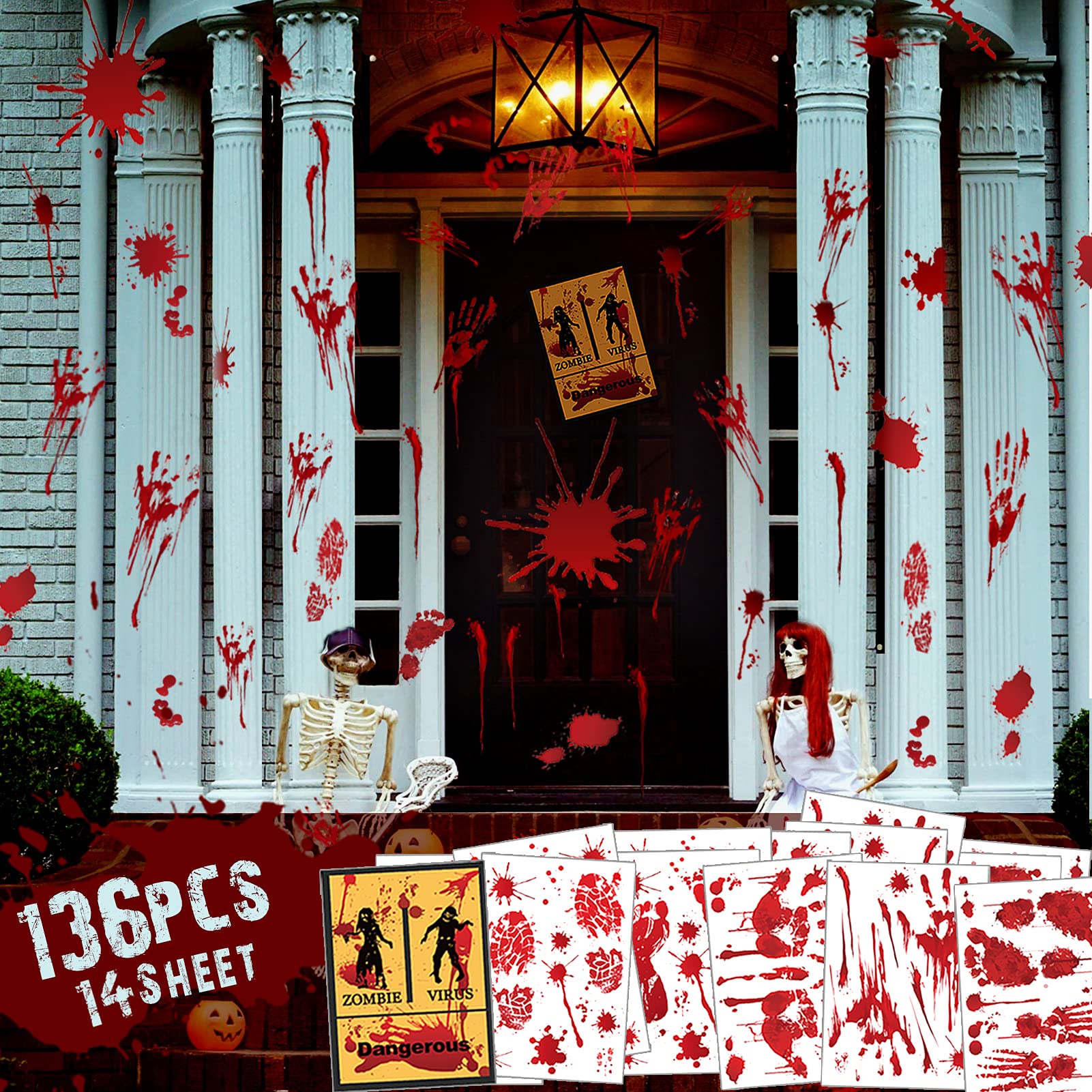 136Pcs Halloween Bloody Decorations Stickers - Handprint Footprint Bloody Floor Clings, 14 Sheets Vampire Zombie Fake Blood Party Supplies for Adults & Kids - Perfect for Haunted House, Horror Party & Halloween Decor