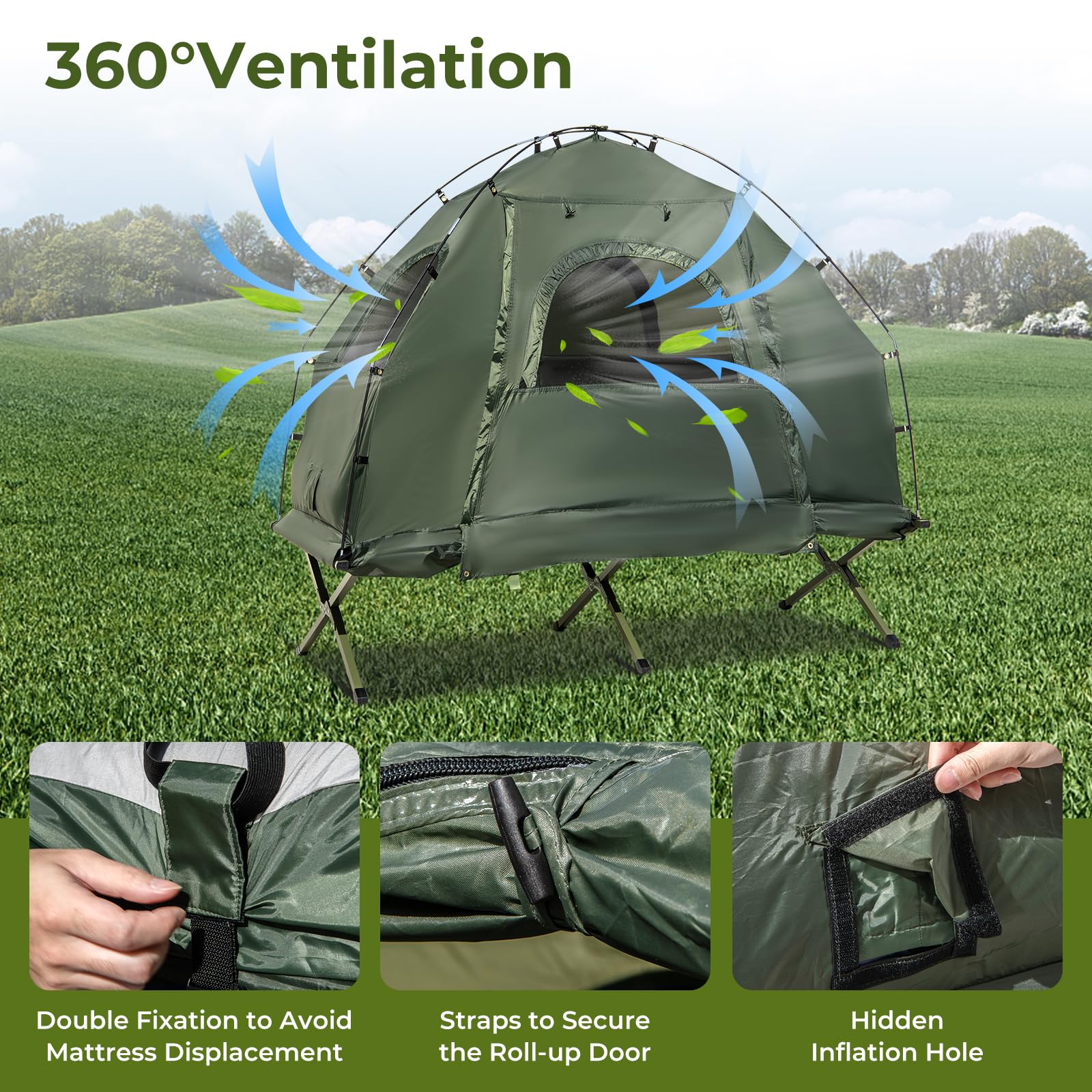 GYMAX 5-in-1 Tent Cot with Mattress & Pillows - Portable Folding Camping Bed with Sunshade, Sleeping Bags & Carrying Bag - Perfect for Outdoor Adventures, Hiking, Fishing, Picnics & Backyard Camping