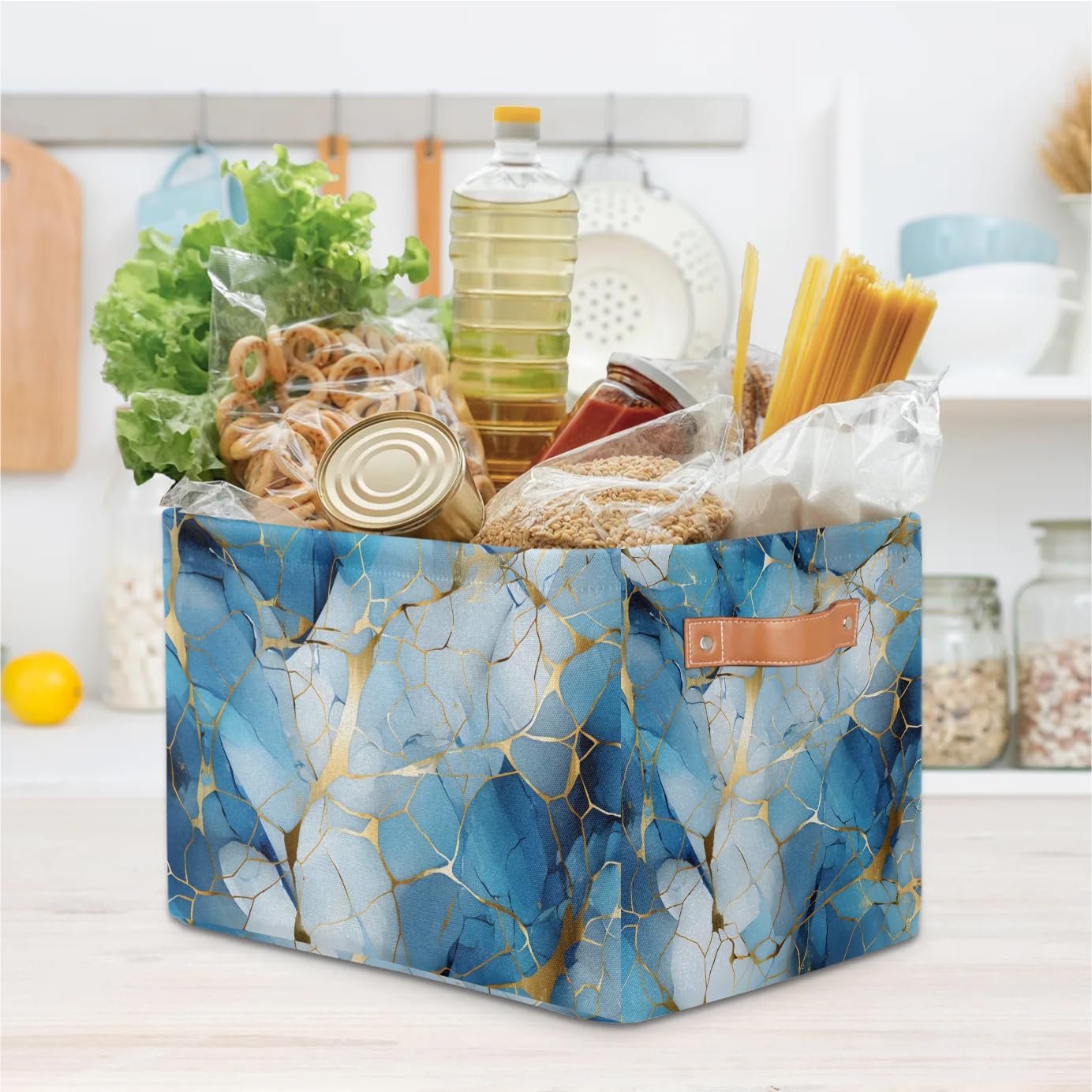 Marbled Storage Basket with Handles - 2 Pack Multi-Purpose Organizer for Closet, Toys & Home Decor | Blue Crushed Flower Design | Perfect for Bedroom, Bathroom & Kids Room Storage