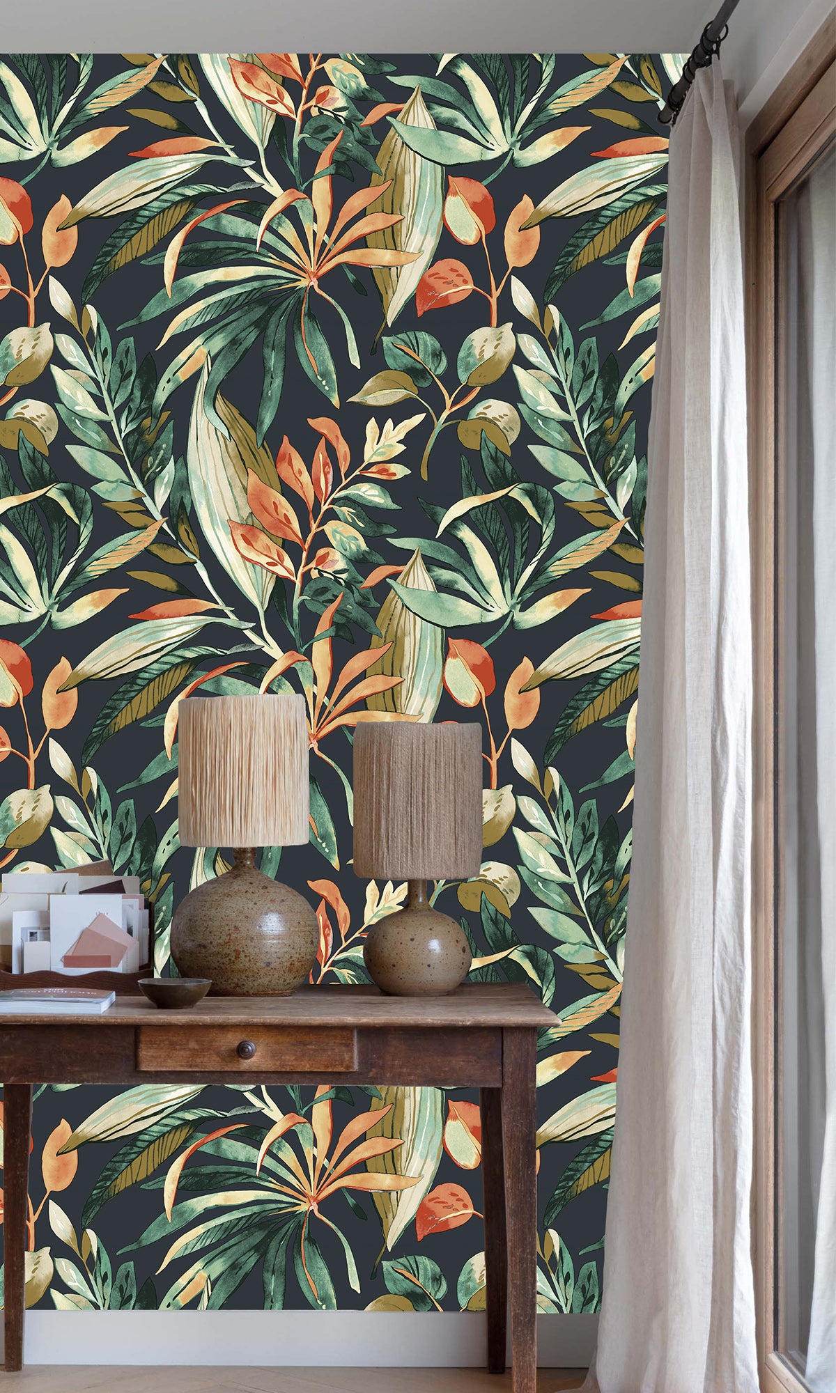 Cofferfield Charcoal Branch Leaves Motif Wallpaper R9732 - Elegant Nature-Inspired Design for Living Room, Bedroom & Home Decor