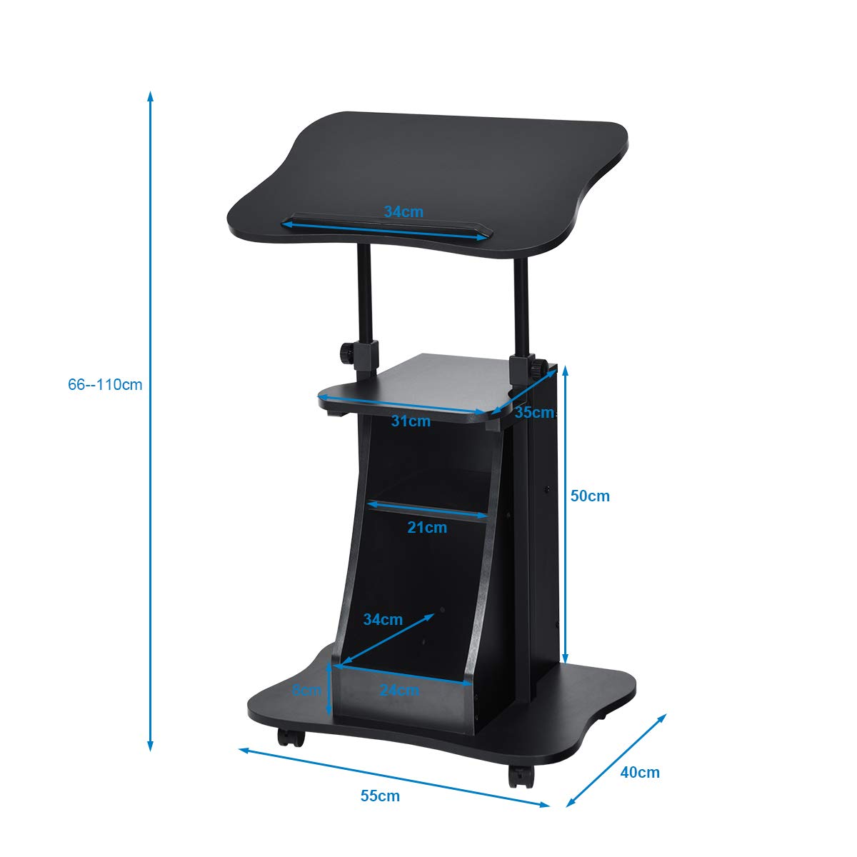 Height Adjustable Mobile Laptop Podium Stand - Rolling Sit to Stand Lectern with Swivel Top & Lockable Wheels, Computer Desk with Shelves for Classroom, Church, Home Office & Conference Room Presentations
