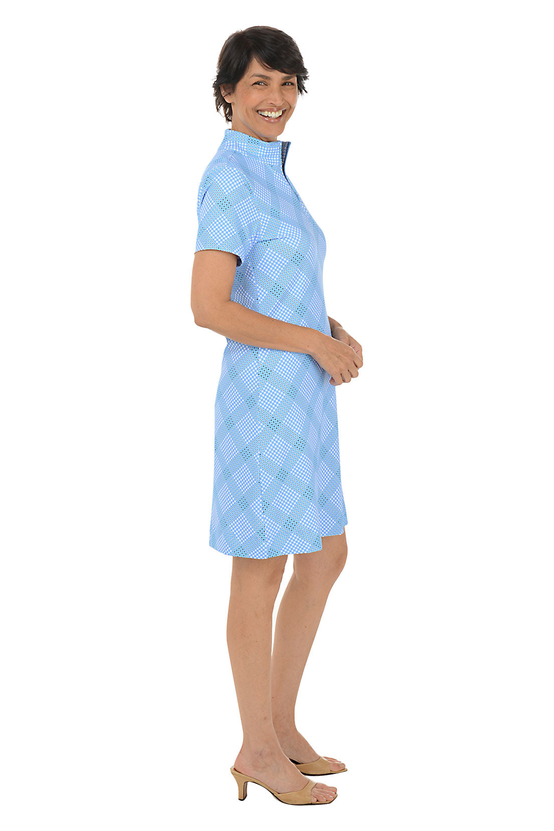 UPF50+ Diagonal Gingham Short Sleeve Zip Dress for Women - Summer Beach Coverup, Outdoor Picnic & Casual Wear