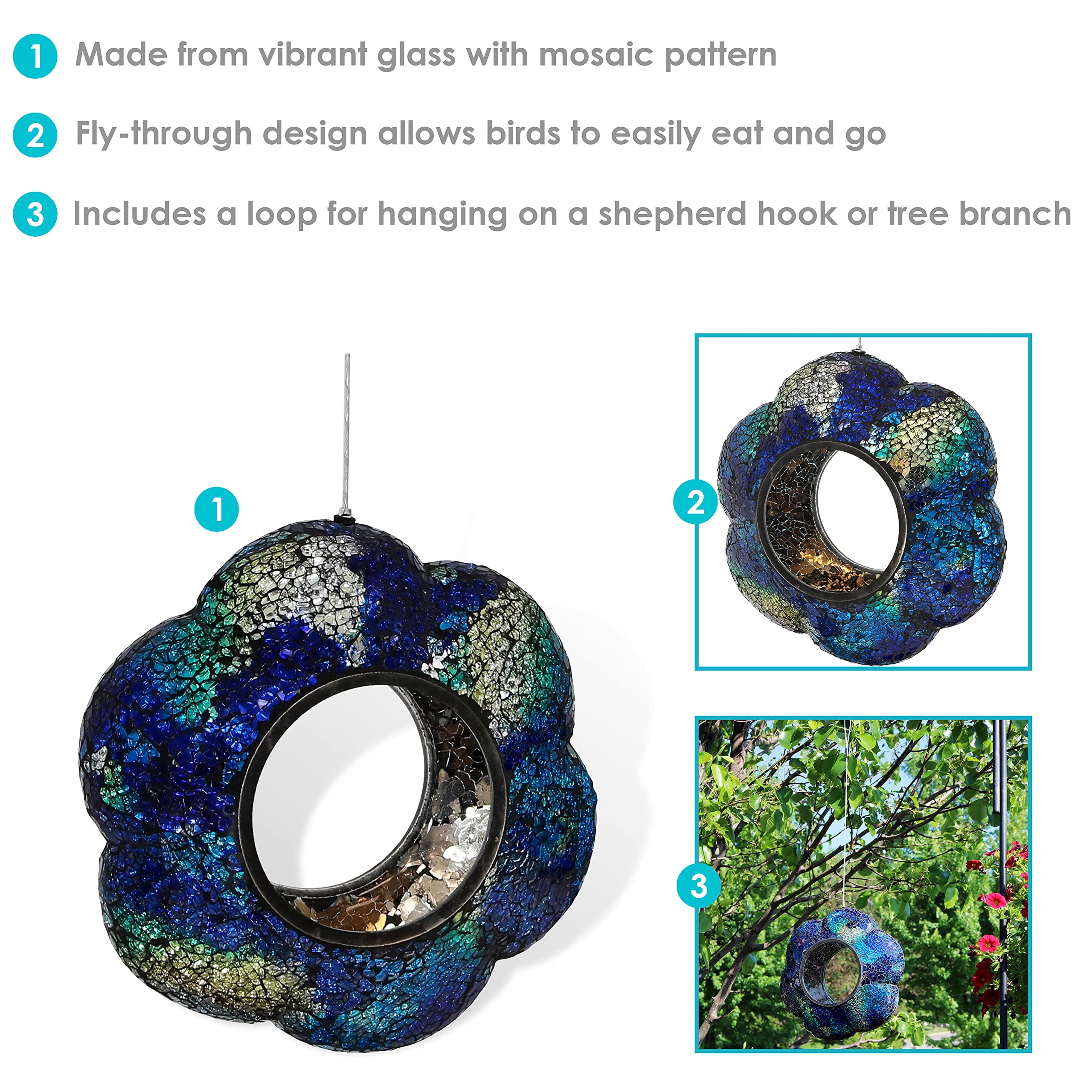 Sunnydaze 9-Inch Indigo Glass Flower Fly-Through Bird Feeder & 10-Inch Deep Ocean Swirl Blue Crackled Mosaic Gazing Globe Set - Outdoor Garden Decor for Birds & Aesthetic Landscaping