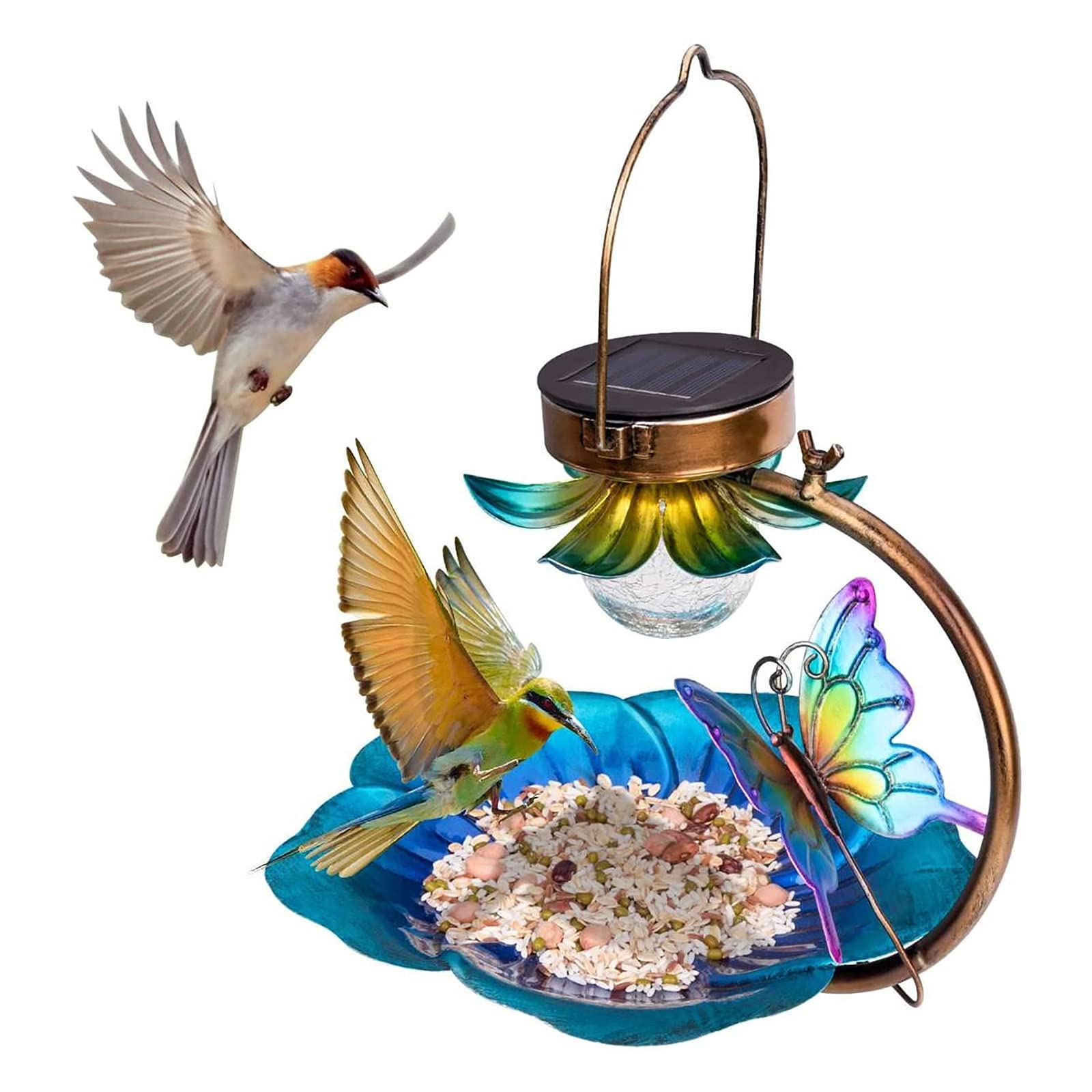 Solar-Powered Metal Hanging Bird Feeder with LED Light - Weatherproof Garden Decoration for Attracting Wild Birds | Perfect for Backyards, Patios & Outdoor Spaces