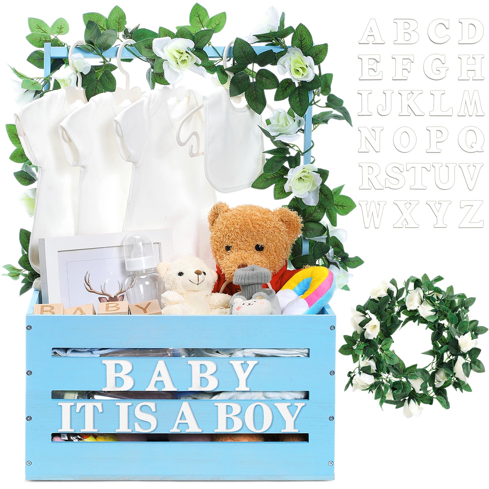 Barydat Wooden Baby Shower Storage Crate - Handmade Baby Basket with Handle & Garland Decor, Nursery Hamper for New Parents - Perfect for Baby Showers, Gender Reveals & Nursery Organization (Blue)
