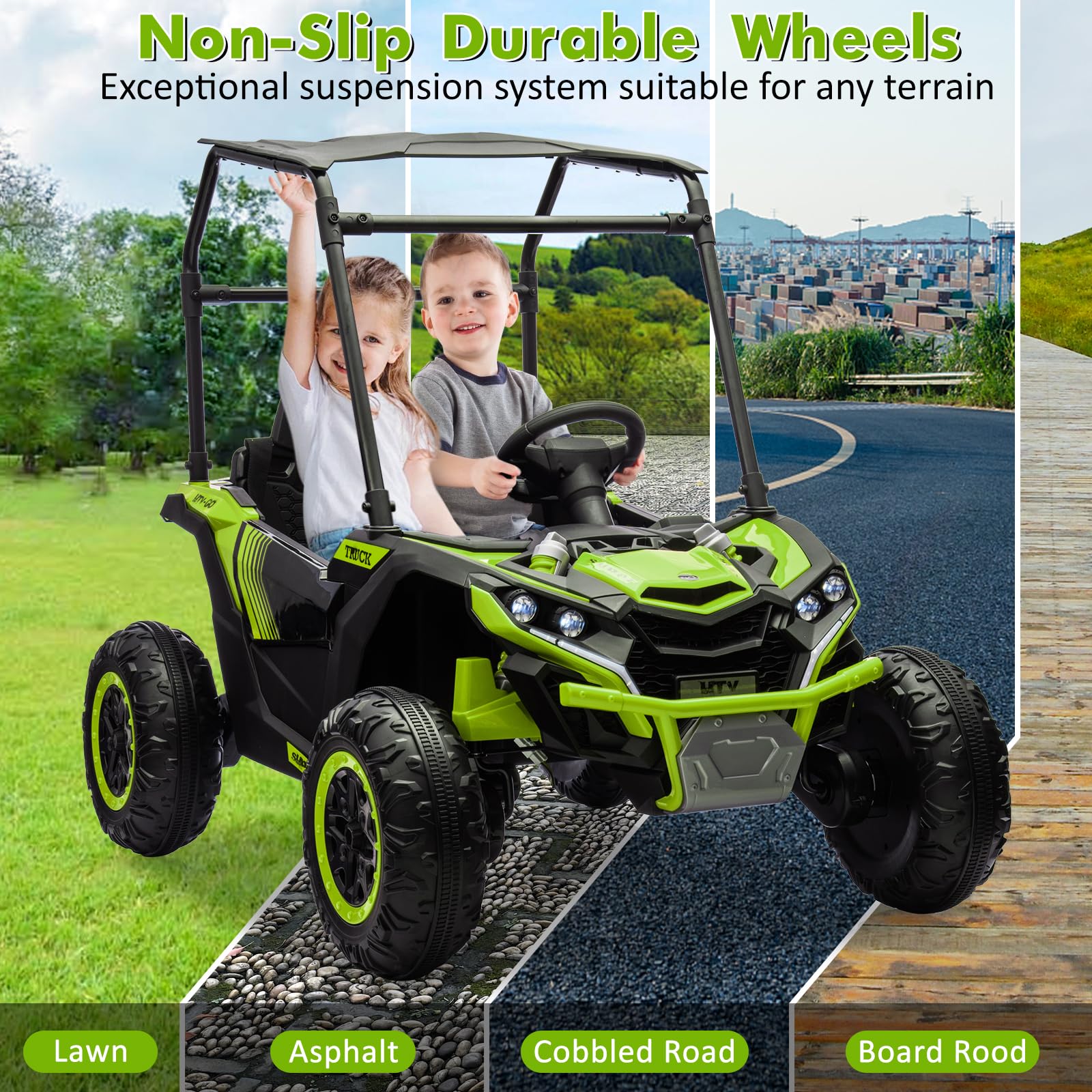 GARVEE 24V Kids Ride On UTV - 2 Seater Electric Toy Truck with Sun Shade, 4WD, Remote Control, LED Lights & Shock Absorbers | One-Click Start & Music Player | Perfect for Outdoor Play, Backyard Adventures & Birthday Gifts (Green)