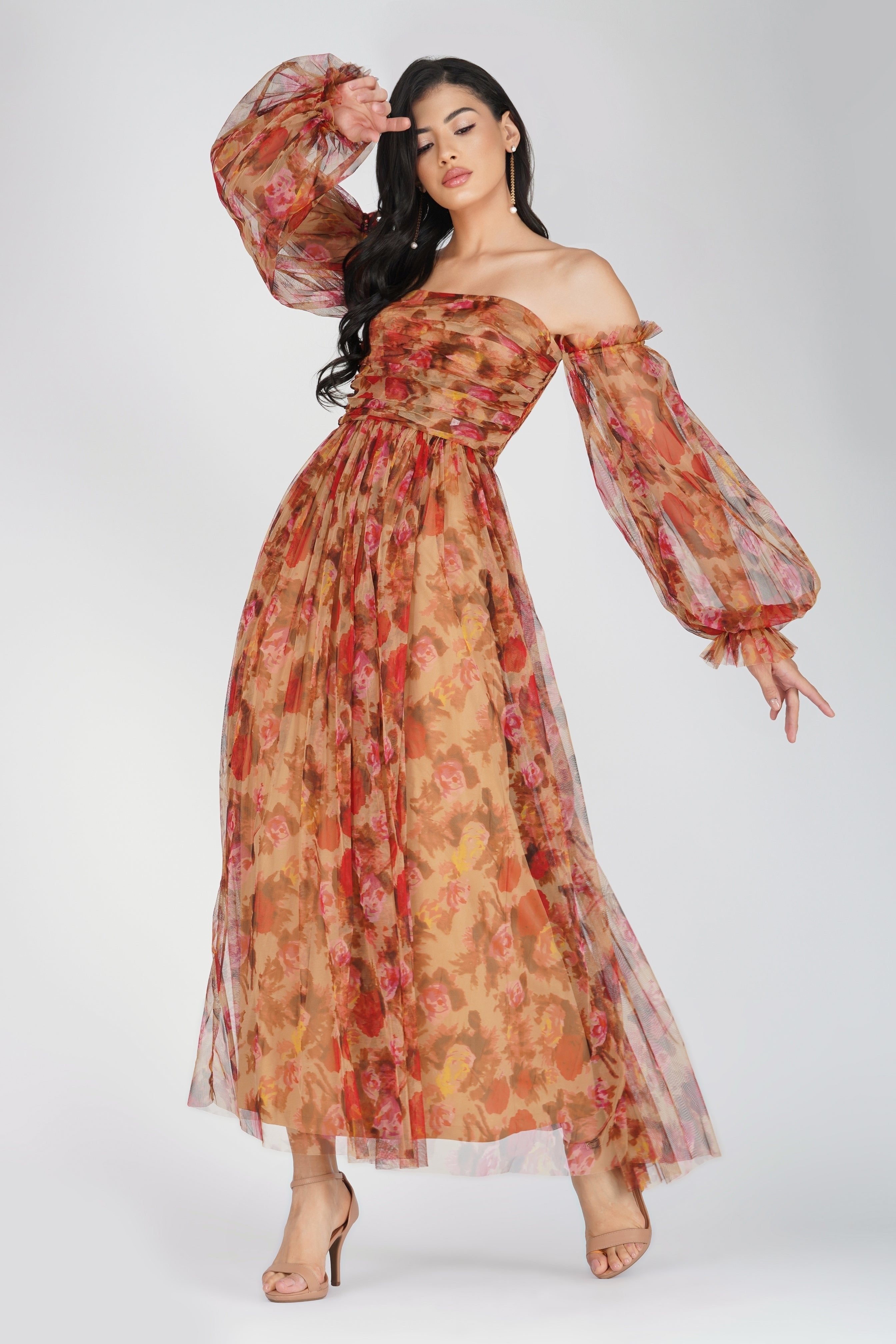 Lana Brown Floral Tulle Dress for Women - Elegant A-Line Party Gown with Lace Details - Perfect for Weddings, Prom, Cocktail Parties & Special Occasions