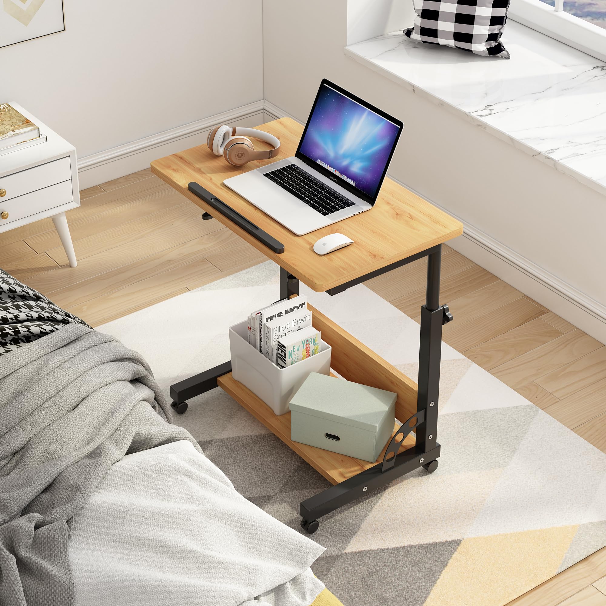 Tiltable Rolling Laptop Stand - Adjustable Height Mobile Standing Desk with Wheels - Portable Side Table for Home Office, Bedroom & Dorm - Perfect for Work, Study & Gaming