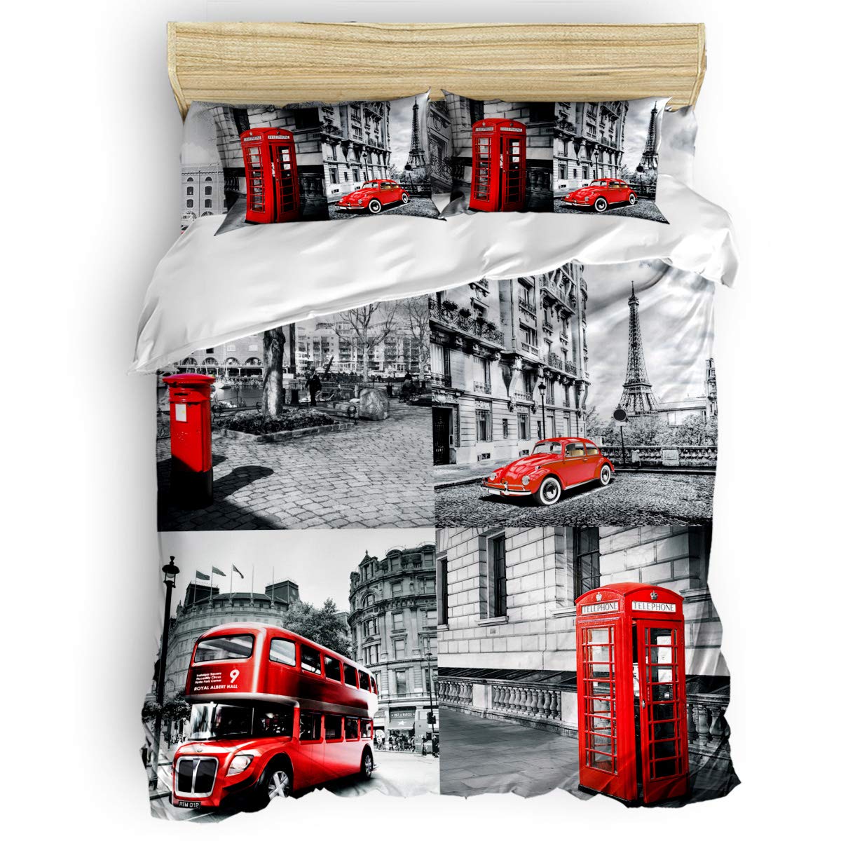 4-Piece Queen Size Bedding Set - Black & White Paris Cityscape Duvet Cover with Eiffel Tower, Red Bus, Umbrella & Phone Booth Design - Soft Microfiber Comforter Cover, Flat Sheet & 2 Pillowcases - Perfect for Modern Bedroom, Guest Room & Apartment Decor