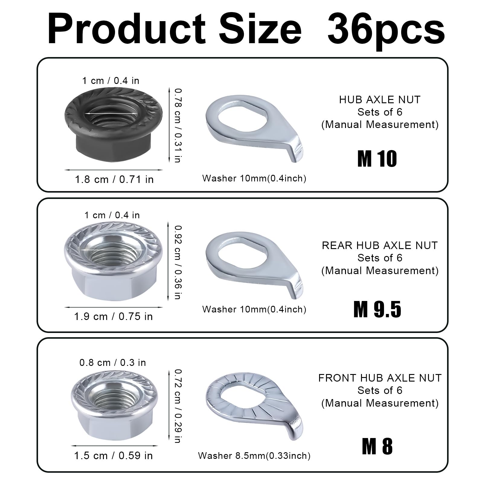 36pcs Bike Wheel Axle Nuts M8/M9.5/M10 - Carbon Steel Bicycle Parts for Mountain Bikes