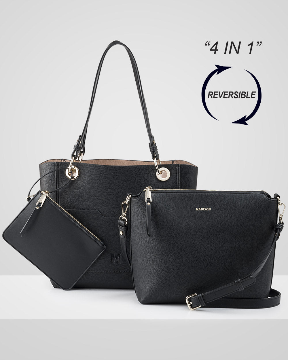 4 in 1 Reversible Tote Bag, Crossbody Purse & Zippered Wallet - Stylish Convertible Handbag for Women, Work, Travel & Everyday Use
