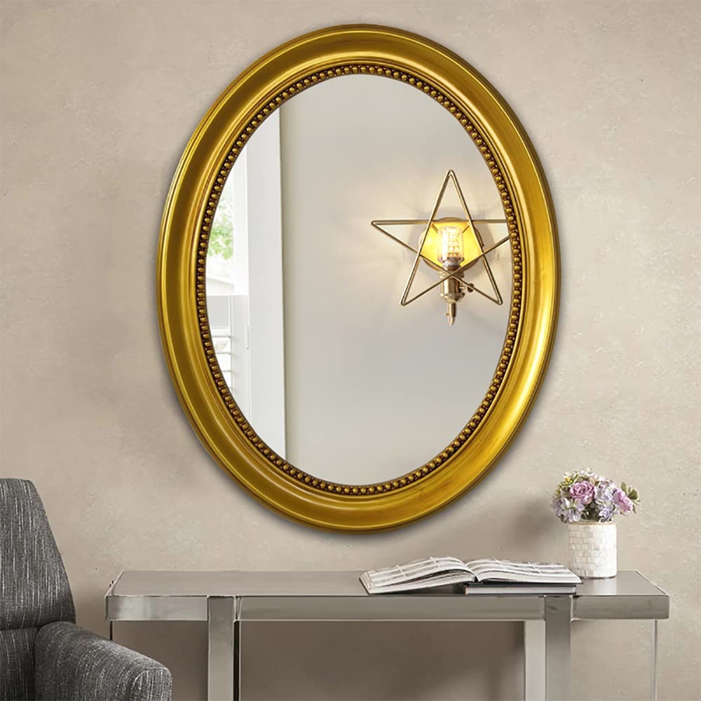 YYBB 23x28 Inch Vintage Hanging Bathroom Mirror - Antique Gold Oval Wall Mirror for Living Room & Bathroom Decor - Perfect for Vanity, Entryway, and Bedroom Accent (Gold)