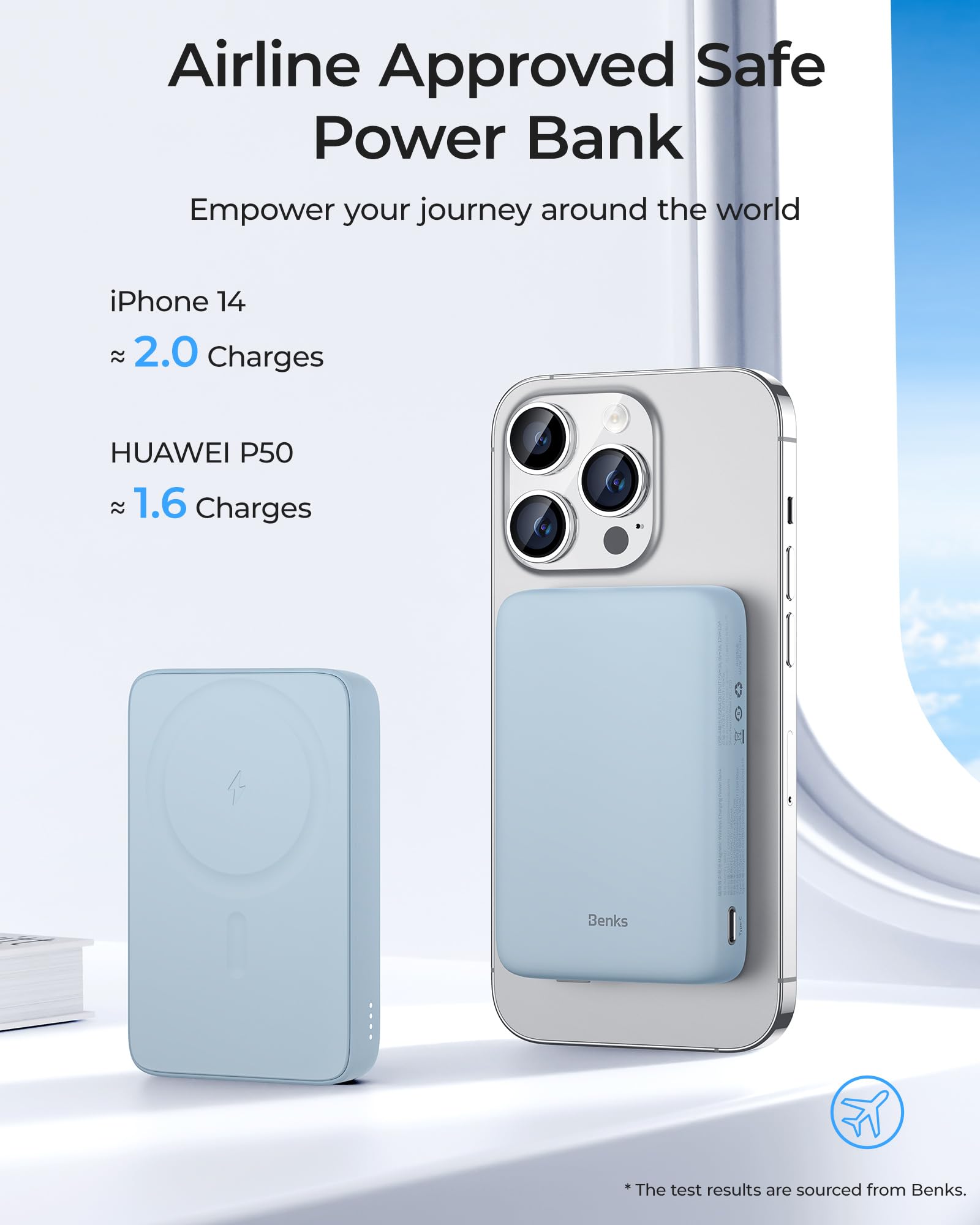 BENKS 10000mAh Magnetic Wireless Power Bank with 20W USB-C Ports | Portable Magsafe Charger for iPhone 15/14/13/12 Series | Fast Charging Battery Pack for Travel, Work & Outdoor Activities - Blue