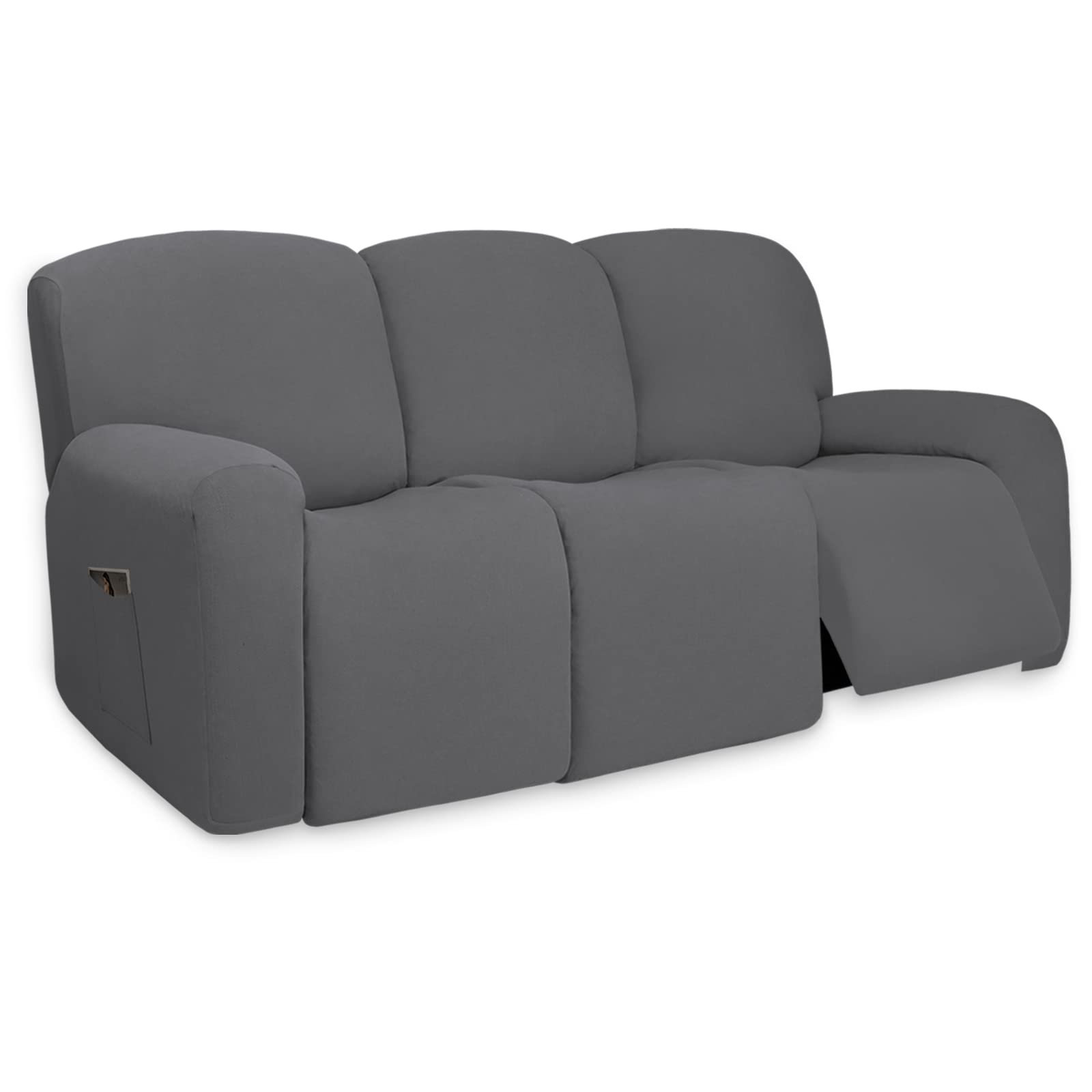 PureFit Super Stretch 3-Seat Recliner Sofa Cover with Pockets - Non-Slip Soft Slipcover, Washable Spandex Furniture Protector for Kids & Pets (Gray) | Perfect for Living Room, Family Room & Home Theater Seating Protection