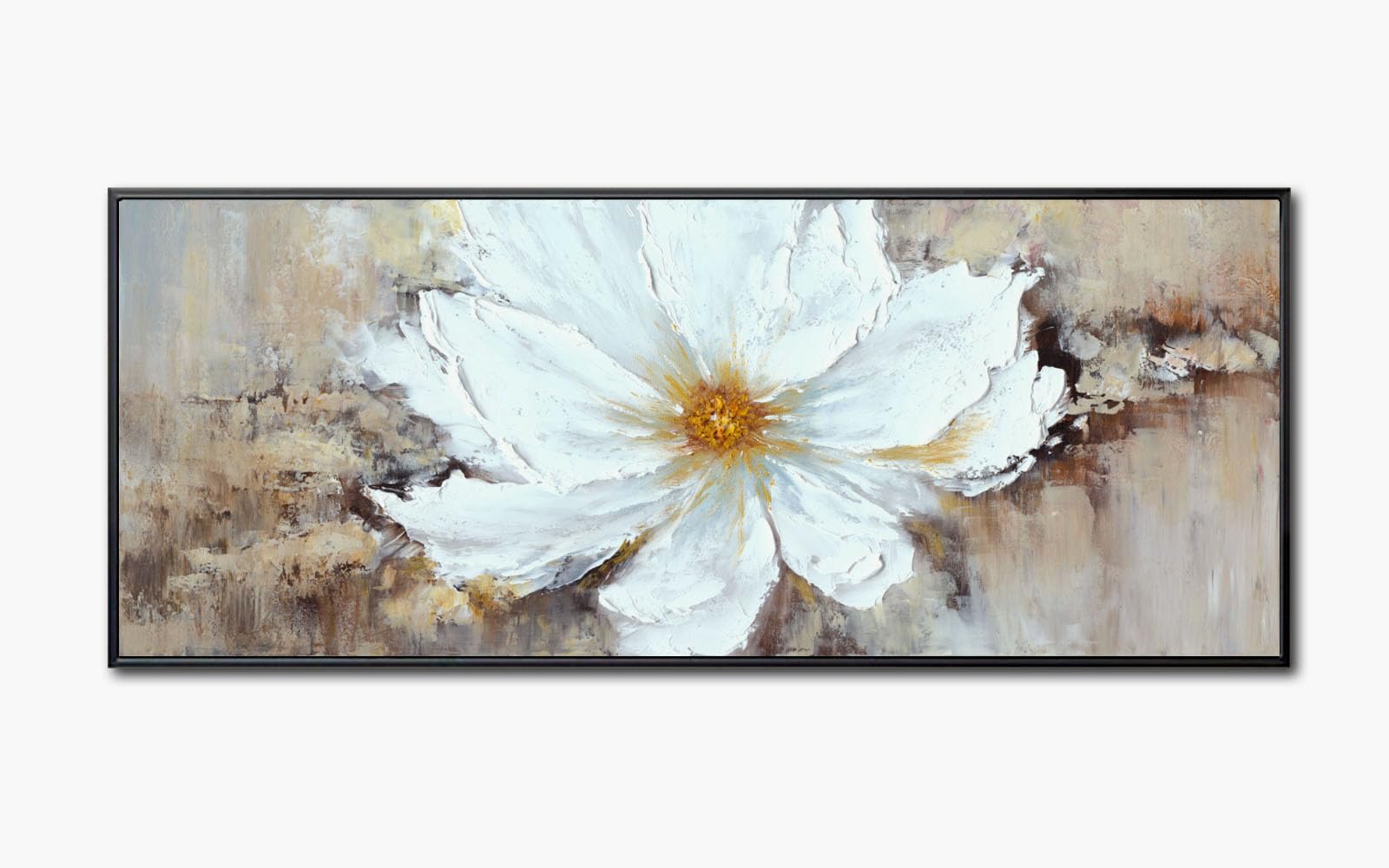 Hand-Painted White Floral Oil Painting on Canvas - Large Framed Wall Art for Bedroom & Living Room Decor - Modern Black Frame Ready to Hang (24x56 inches) - Perfect for Home, Office, and Wedding Venue Decoration