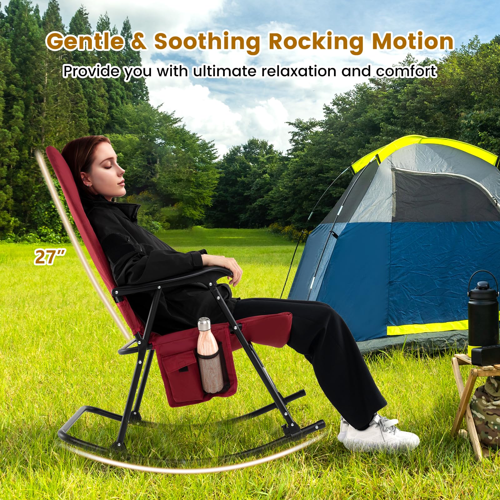 Tangkula Folding Rocking Chair Set - 350 lbs Capacity Foldable Camping Chair with Padded Seat, High Back & Armrests | Portable Indoor Outdoor Rocking Chair for Patio, Lawn, Backyard, Beach & Camping (Red)