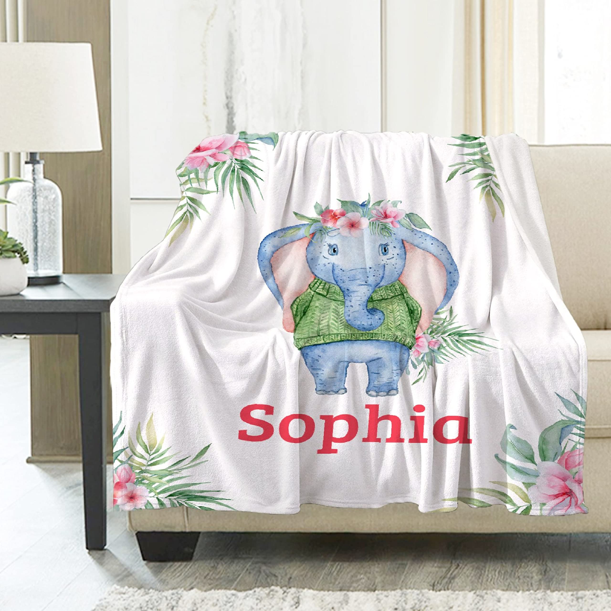 Personalized Baby Blanket with Name - Custom Flower Elephant Design for Boys & Girls - Ultra Soft Lightweight Flannel Blanket (90
