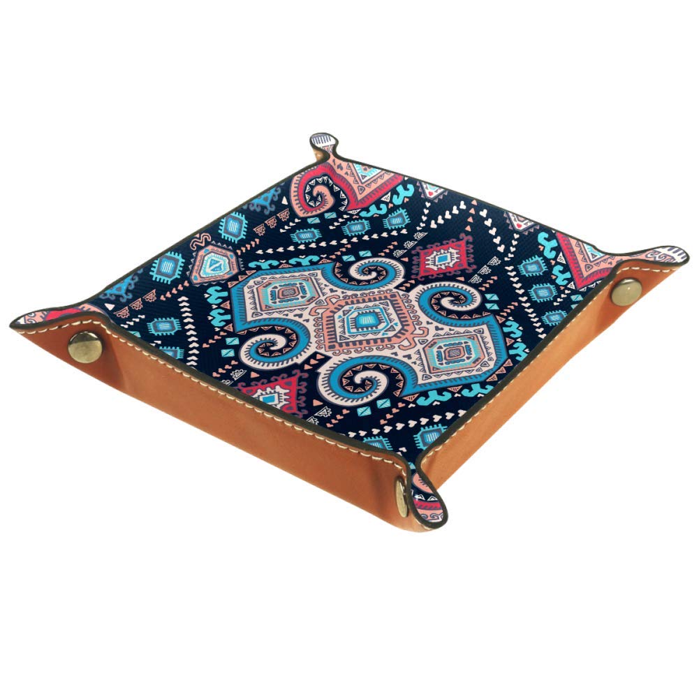 AISSO Vintage Mexican Tribal Leather Valet Tray - Jewelry Organizer Box for Watches, Keys, Wallets & Coins | Stylish Desk Accessory for Home & Office Organization