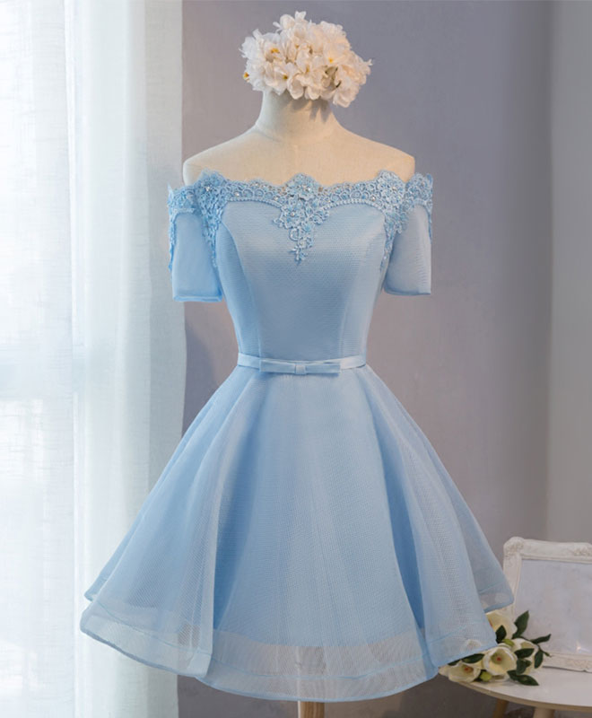 Elegant Blue A-Line Tulle Short Sleeve Lace Prom Dress | Cute Homecoming Party Gown | Perfect for Prom Night, Homecoming Dance & Special Occasions