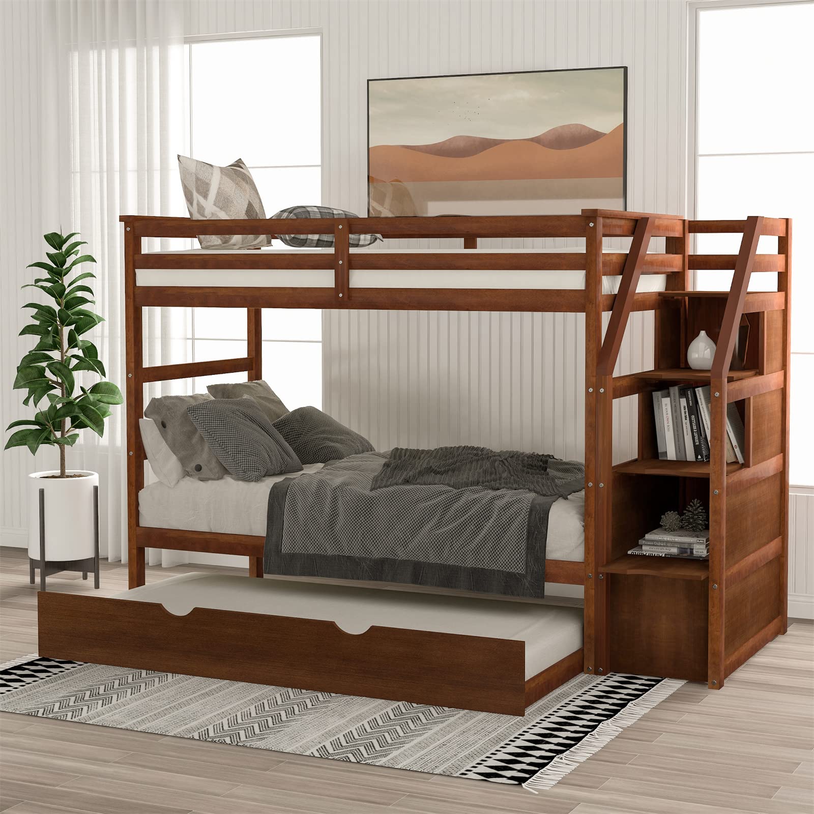 Twin Over Twin Wood Bunk Bed with Trundle & 3 Storage Stairs - Sturdy Kids Bunk Bed Frame with Safety Guardrail for Boys & Girls - Walnut Finish - Perfect for Small Bedrooms, Guest Rooms & Kids' Shared Spaces