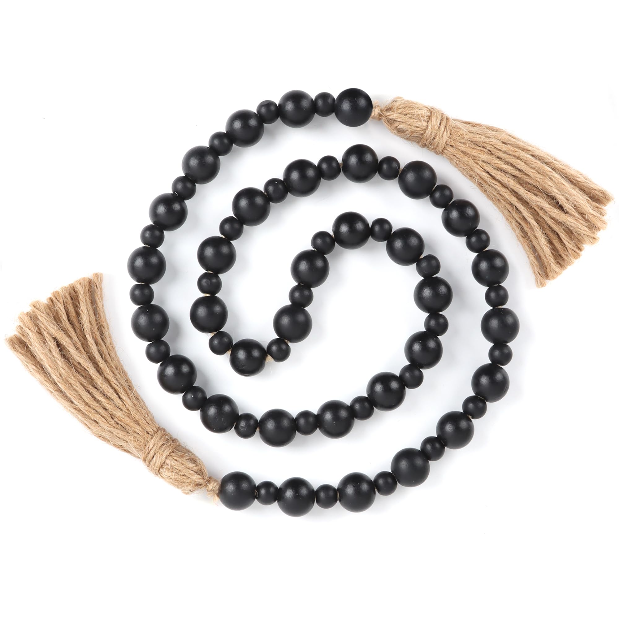 Yagoo Wood Bead Garland with Tassels - Rustic Farmhouse Decor, Boho Prayer Beads, Decorative Wooden Bead Strand for Wall Hanging, Shelf Styling & Home Décor (Black)