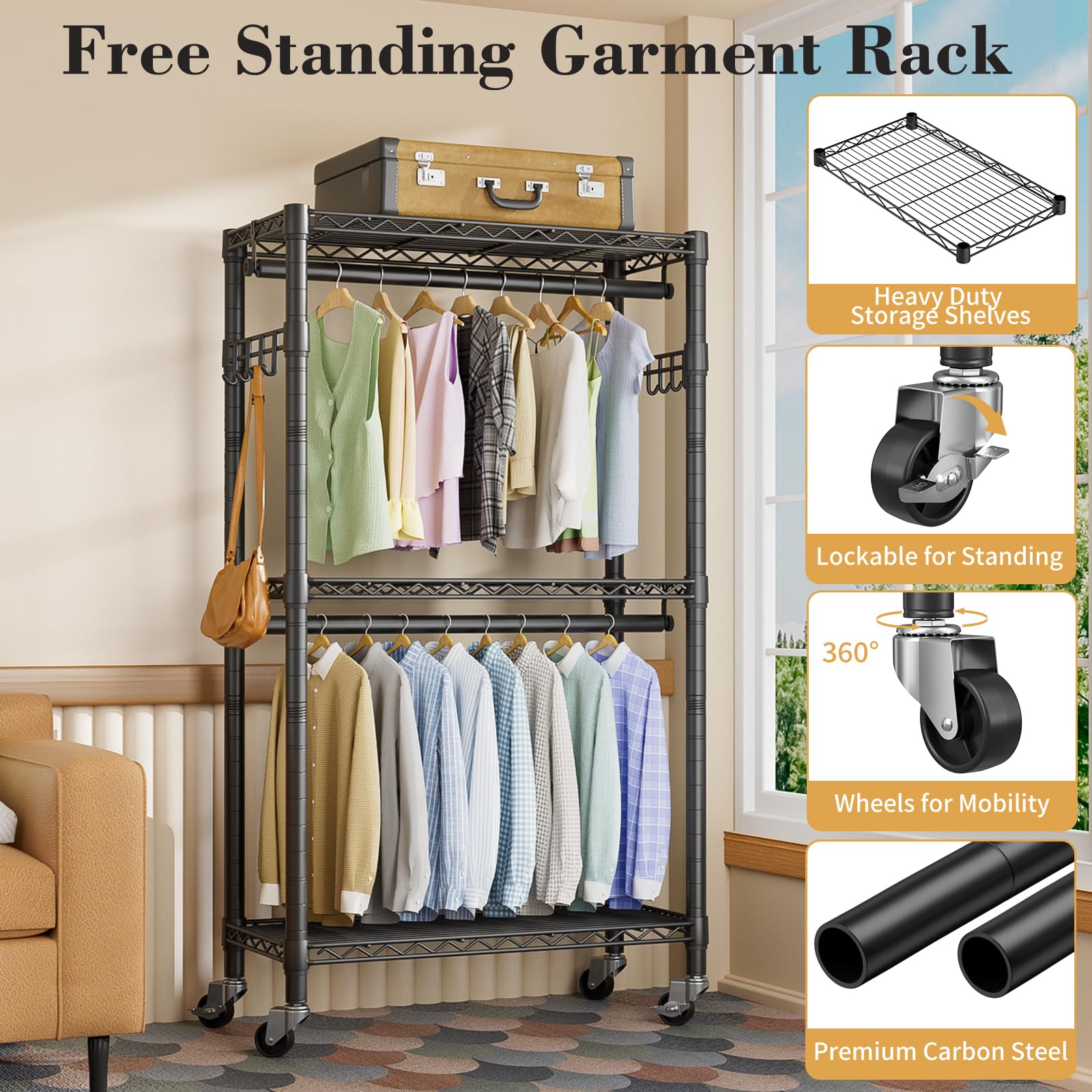 Heavy Duty Rolling Garment Rack with 3-Tier Adjustable Wire Shelves - Double Rods & Side Hooks for Hanging Clothes | Freestanding Wardrobe Storage | Portable Metal Closet Organizer for Bedroom, Laundry Room, or Retail Store