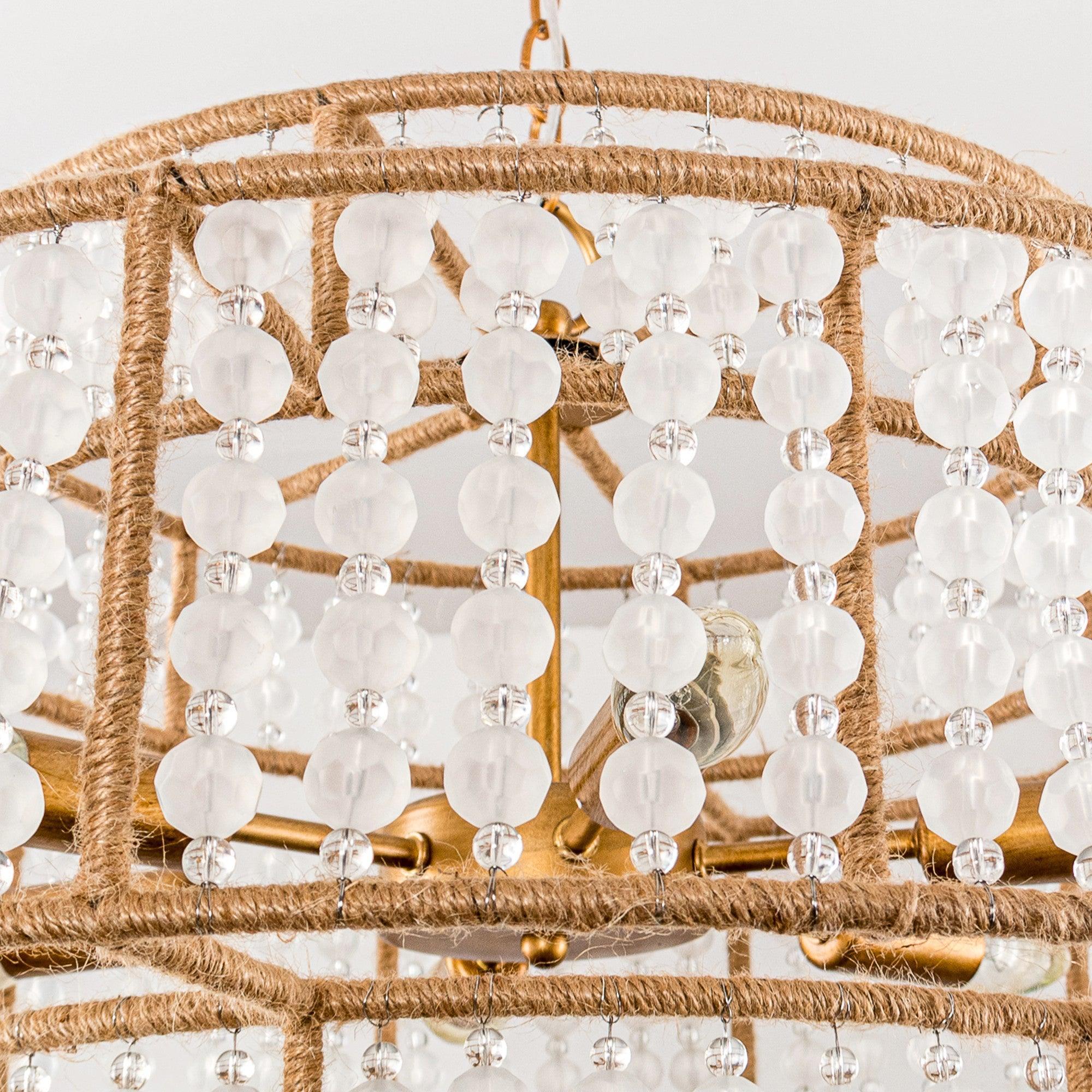 6-Light Antique Gold Farmhouse Drum Beaded Chandelier with Rope Accents - Rustic Ceiling Lighting Fixture for Dining Room, Bedroom, or Kitchen Decor
