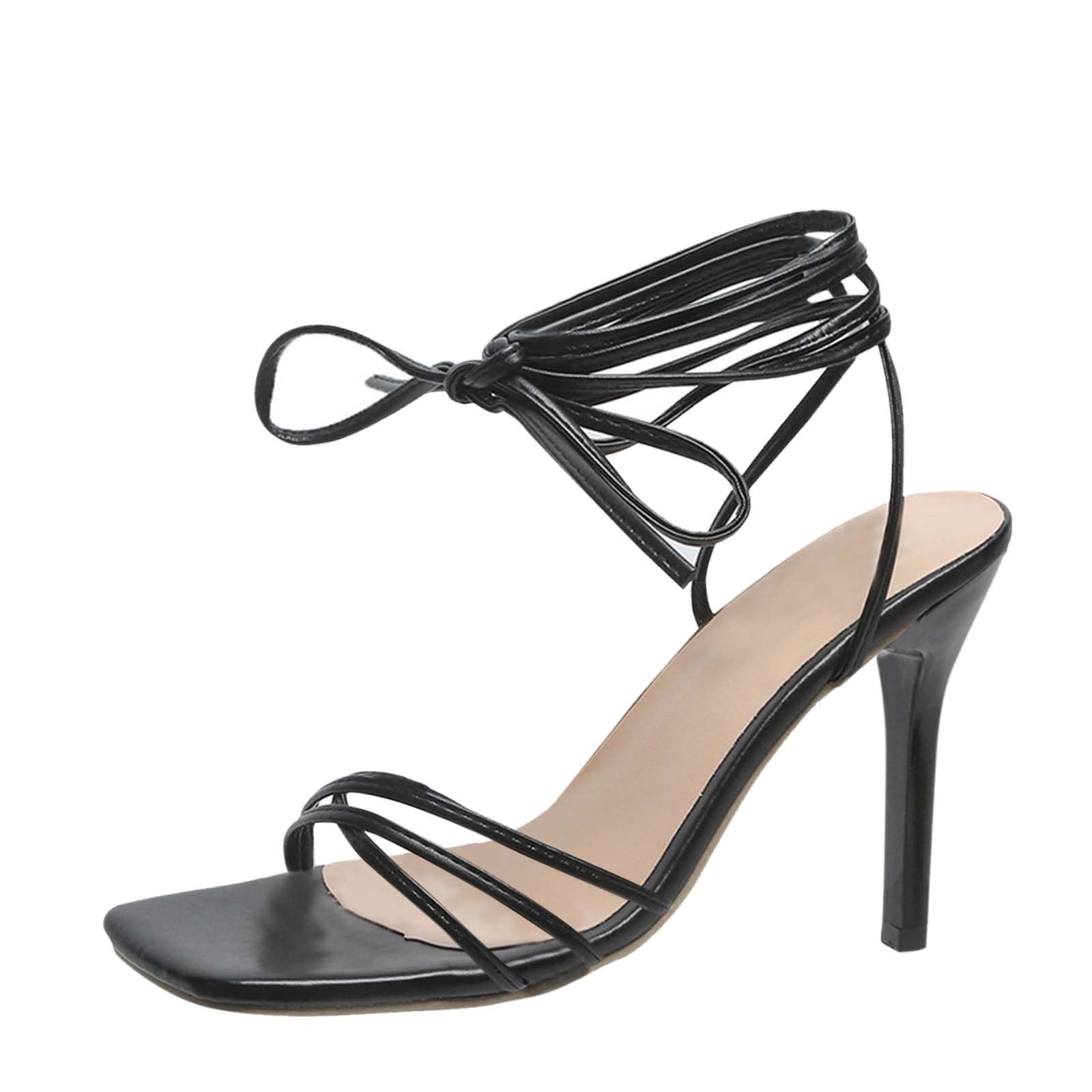 Women's Leather High Heel Sandals with Ankle Strap - Thin White Heels for Dressy Occasions (Black, Size 9) | Perfect for Weddings, Parties & Evening Events