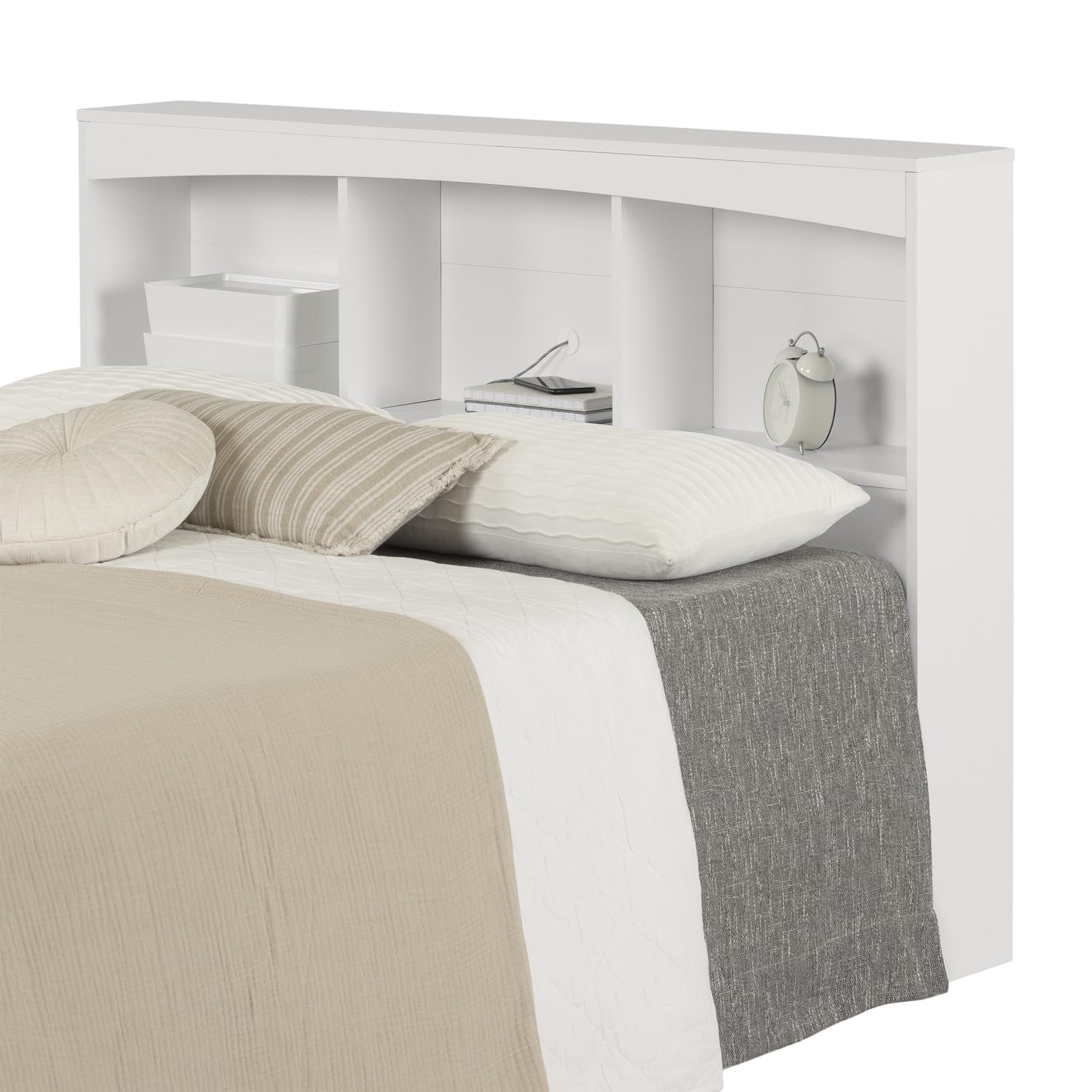 South Shore Step One Bookcase Headboard - Full Size, Pure White - Space-Saving Storage Bed with Built-In Bookshelf for Small Bedrooms & Dorm Rooms