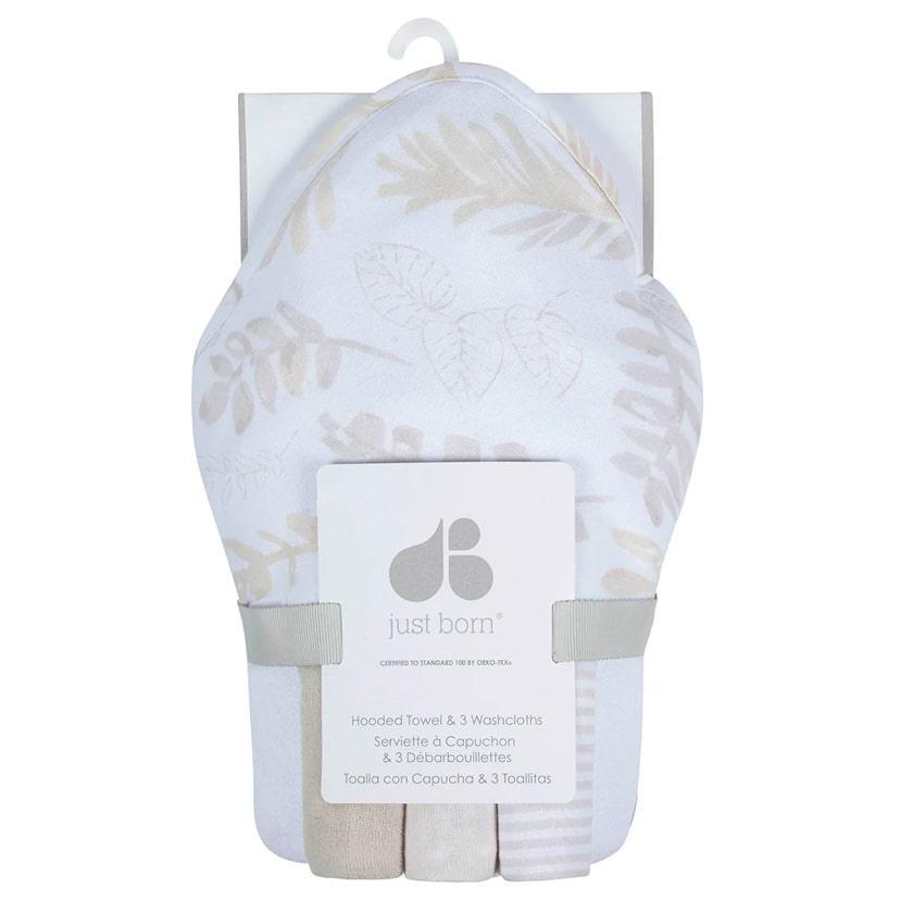 Just Born Hooded Tower and Washcloth Set - Soft Baby Bath Towel with Hood, Organic Cotton Wash Cloths, Neutral Leaf Pattern for Newborns & Infants - Perfect for Bath Time, Spa Day & Baby Showers