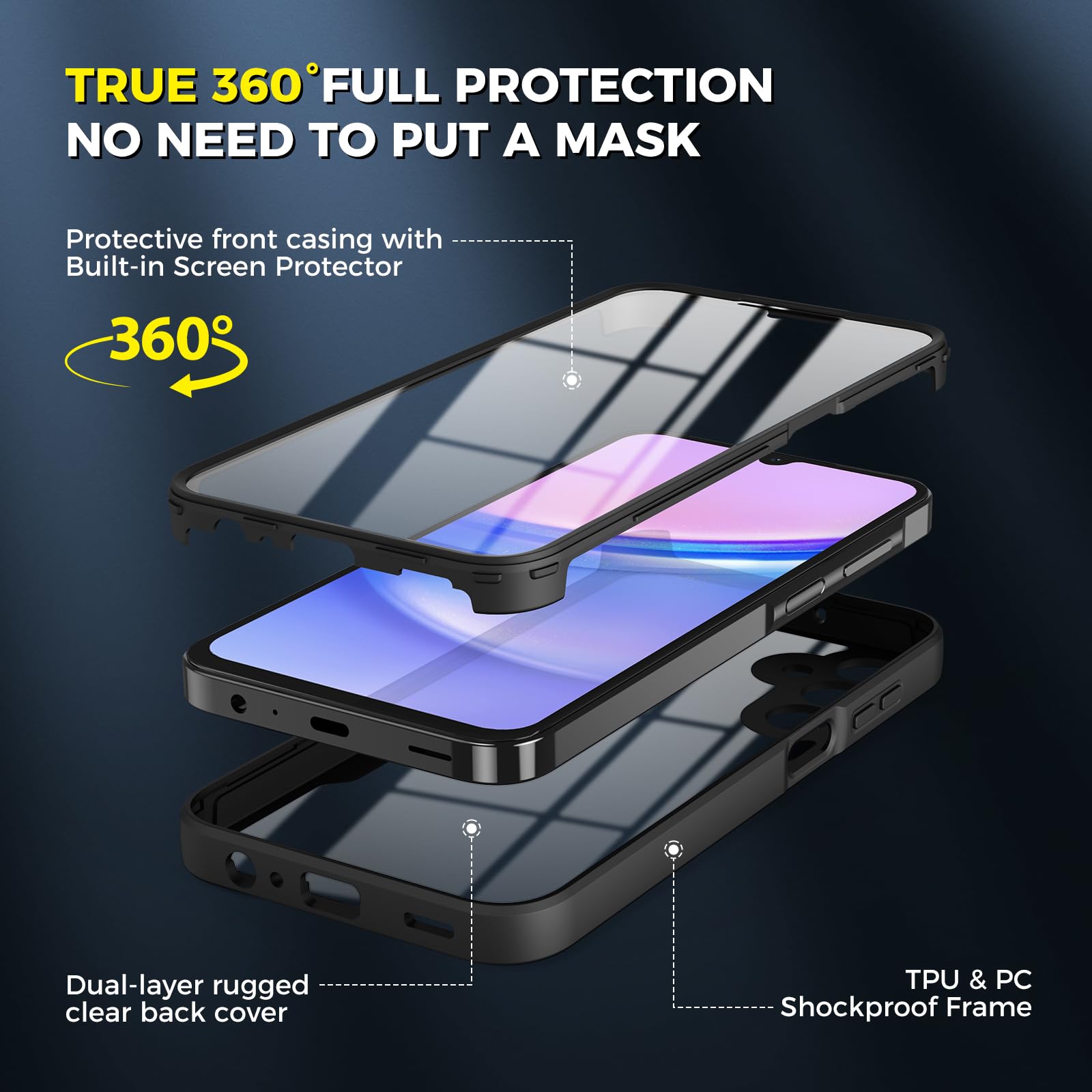 Premium Shockproof Phone Case for Samsung Galaxy A15 5G - Slim 360° Full Body Protection with Built-in Screen Protector | Durable Shell-Membrane Design | Perfect for Outdoor Activities, Travel & Daily Use (Black)