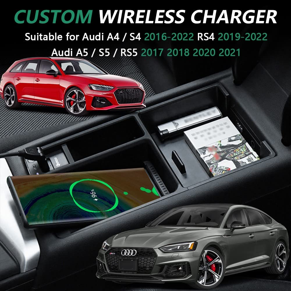 15W Qi Fast Wireless Car Charger for Audi A4 S4 RS4 A5 S5 RS5 (2017-2022 Models) - Armrest Insert Charging Pad with Storage Box | Perfect for Commuting, Road Trips & Hands-Free Charging