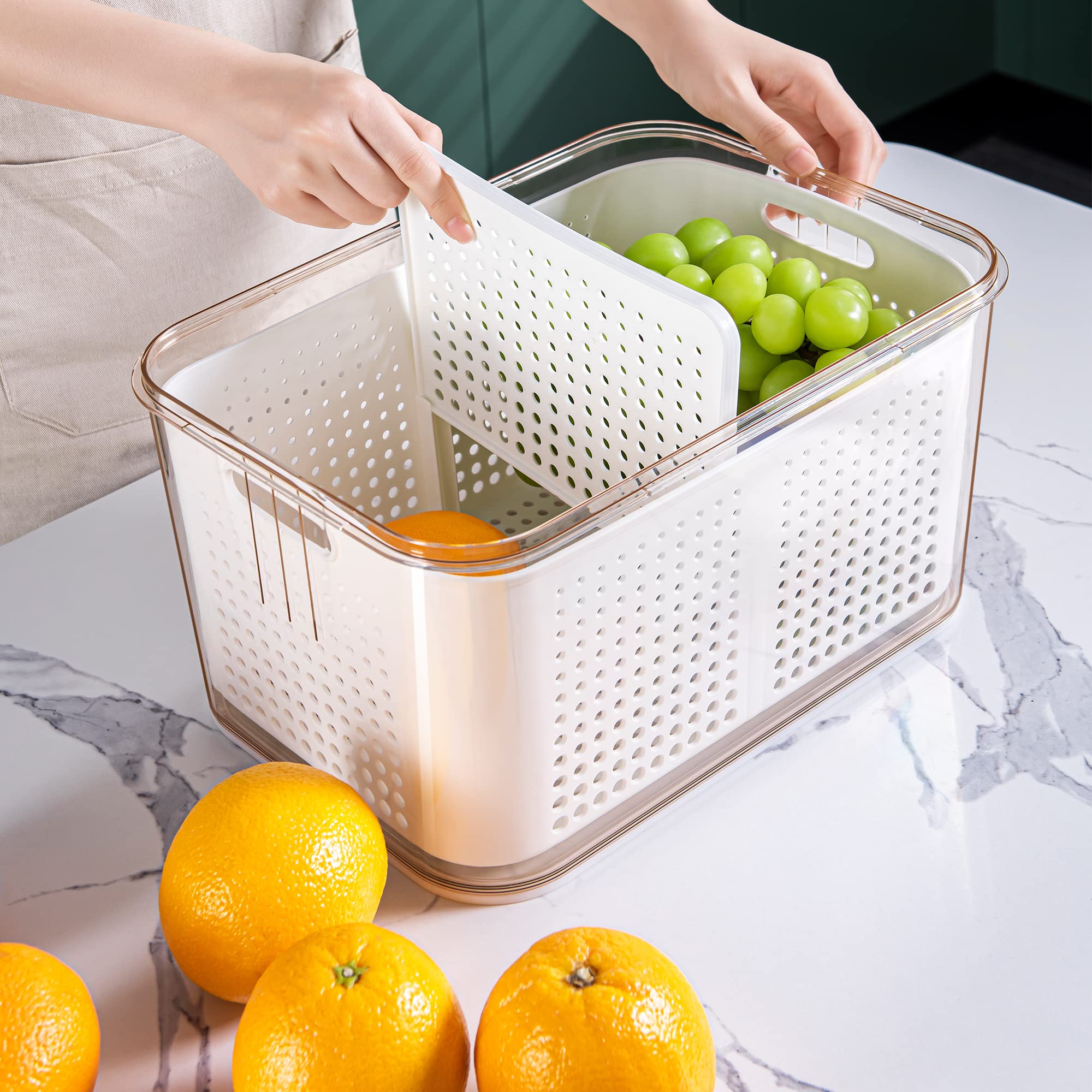 Stackable Refrigerator Organizer Bins - 3-Piece Fresh Vegetable & Fruit Storage Containers Set with Drain Tray & Adjustable Dividers | Perfect for Organizing Veggies, Fruits, Lettuce, Salad in Your Fridge