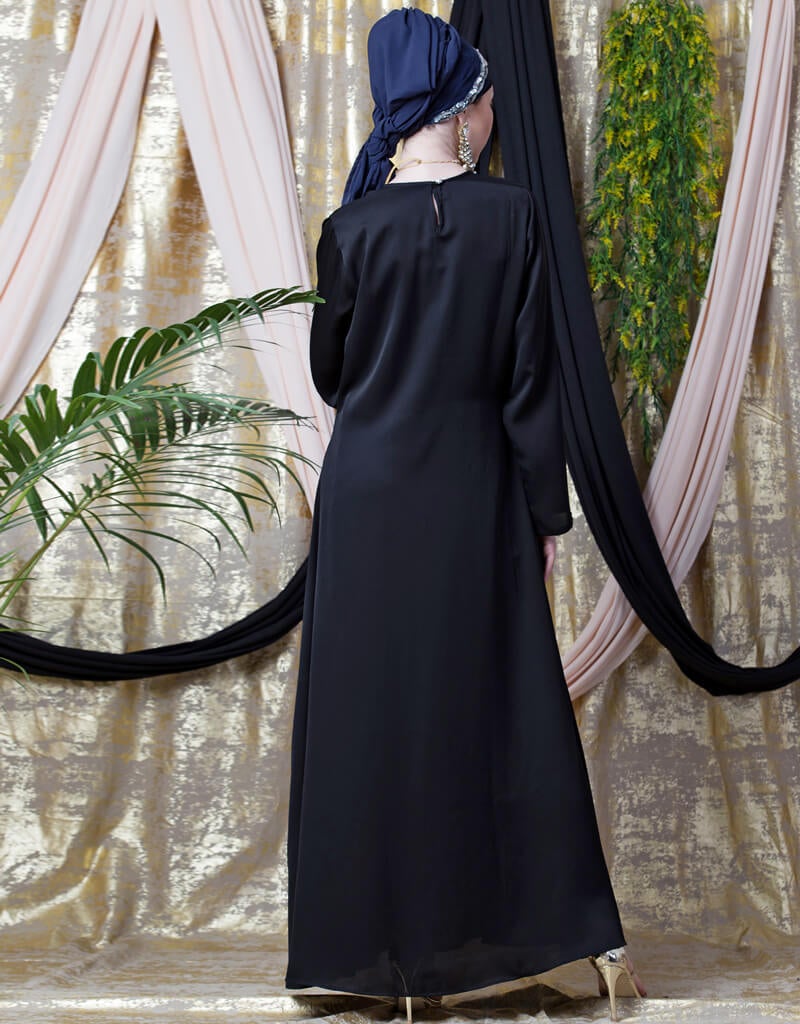 Elegant Black Arabic Diamond Motif Hand Embroidered Flare Nida Abaya - Perfect for Eid, Ramadan, Wedding & Special Occasions