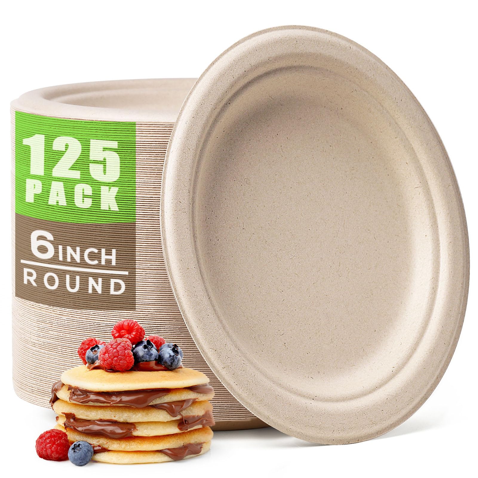 Eco-Friendly 6 Inch Compostable Paper Plates - 125 Pack Heavy-Duty Disposable Plates Made from Sugarcane Fiber - Perfect for Parties, Picnics & Dessert Serving
