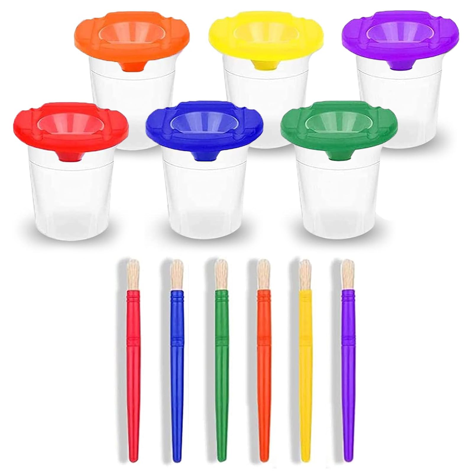 Spill-Proof Paint Cups with Lids for Kids - 6 Non-Spill Painting Containers & 6 Toddler Paint Brushes - Washable Art Supplies for Classroom, Home & Outdoor Painting Activities