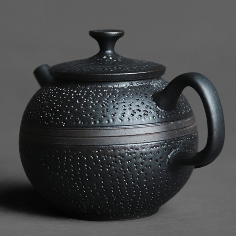 Premium Chinese Black Rock Ore Clay Round Teapot - Handcrafted Yixing Style Ceramic Teapot for Gongfu Tea Brewing | Perfect for Home, Office & Tea Ceremonies