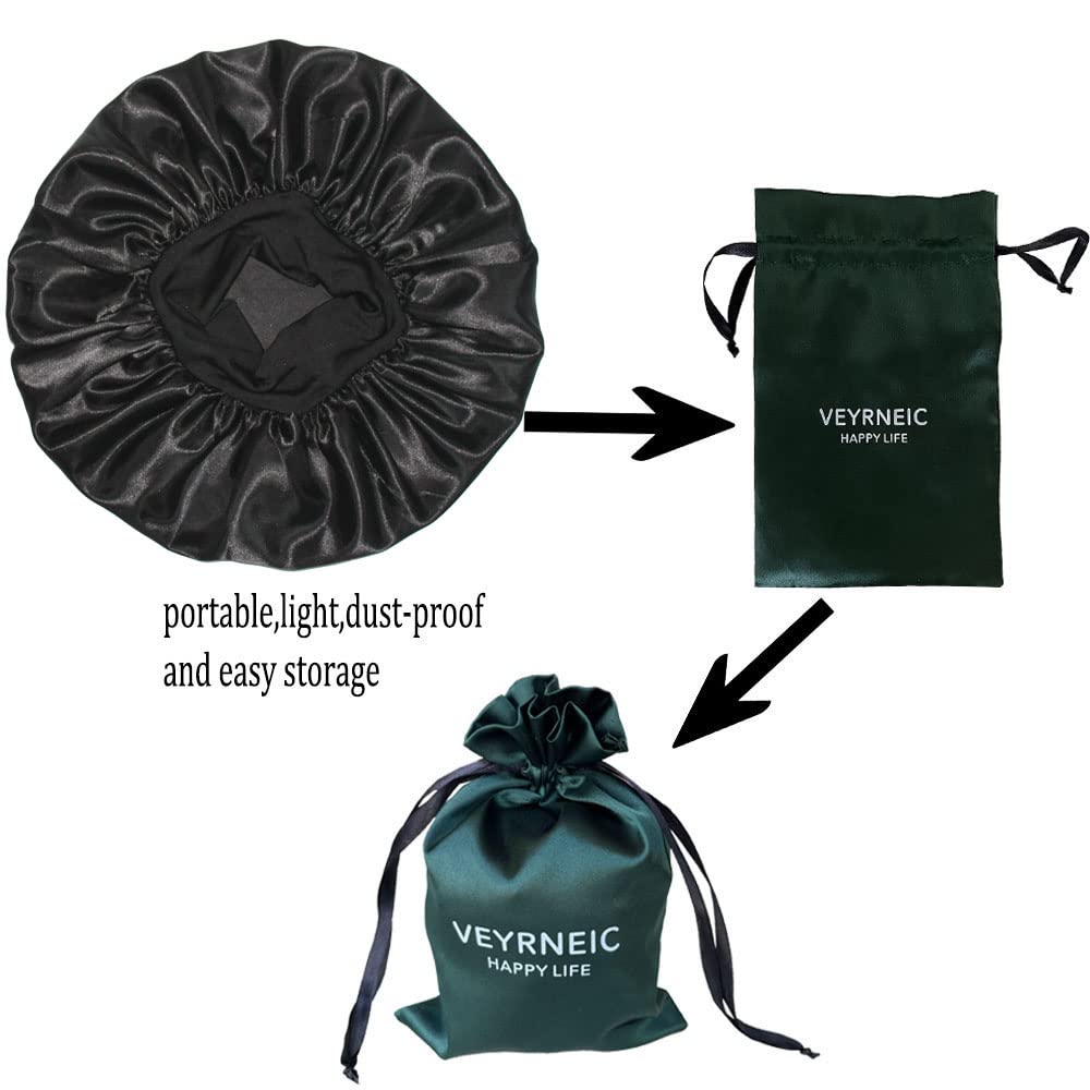 VEYRNEIC Satin Sleep Bonnet for Women - Wide Elastic Band Silk Night Cap for Braids, Natural Hair & Chemo - Includes Satin Storage Bag (Black) | Perfect for Sleeping, Showering & Hair Protection
