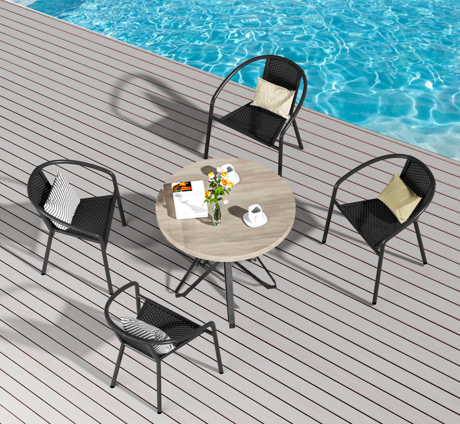 4 Pack Outdoor Patio Chairs - Stackable Wicker Rattan Dining Chairs with Metal Frame for Balcony, Deck, Backyard, Bistro & Porch | Weather-Resistant & Comfortable for Outdoor Entertaining, BBQs & Relaxation (Black)