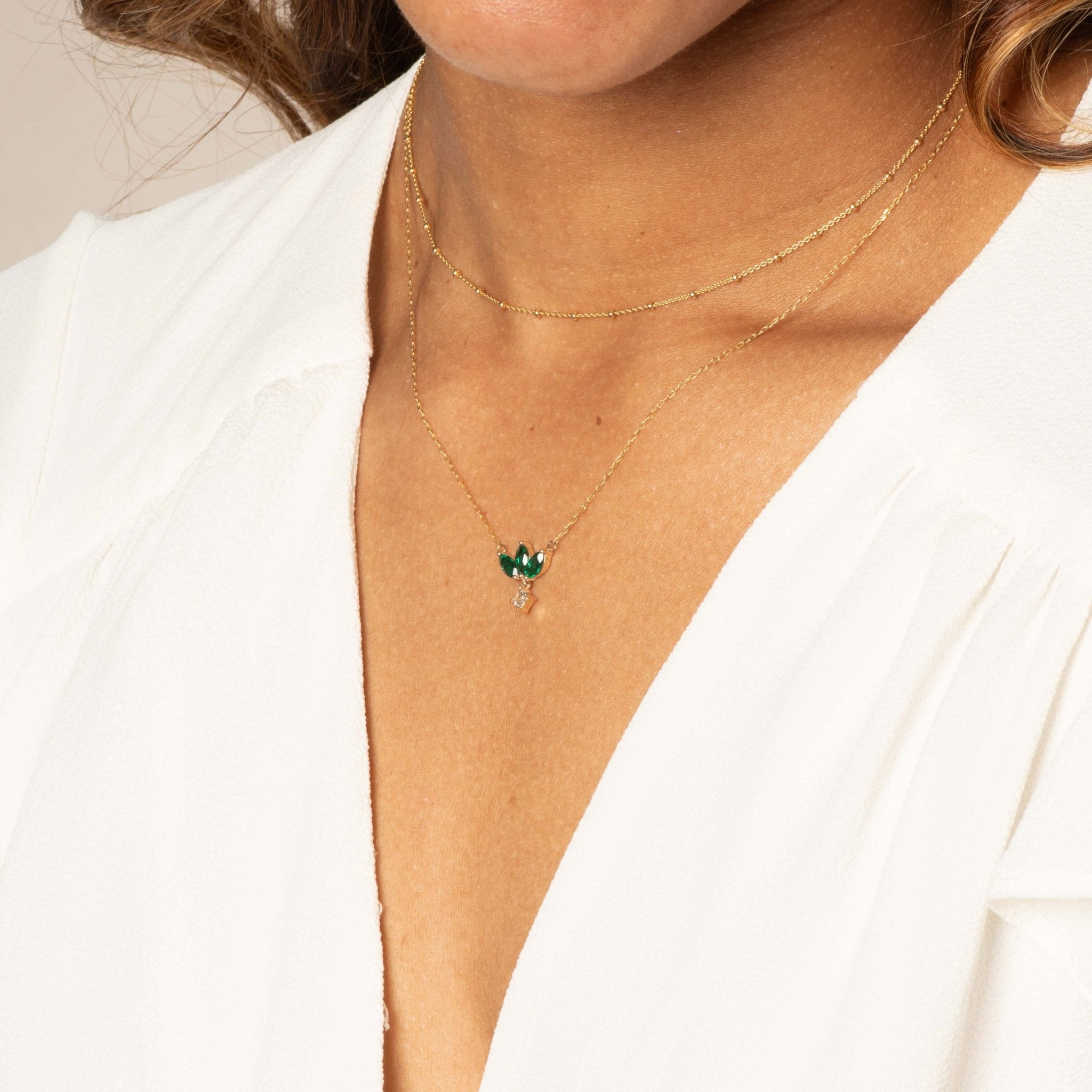 10k Yellow Gold Emerald Marquise & Princess Cut White Sapphire Dangle Necklace - Elegant Floral Pendant for Women, Perfect for Weddings, Anniversaries & Special Occasions