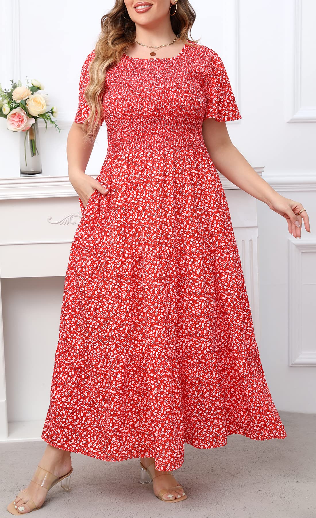 Plus Size Floral Maxi Dress for Women with Pockets, Smocked Waist & Flutter Sleeves - Tiered Boho Summer Dress for Beach, Vacation & Casual Wear