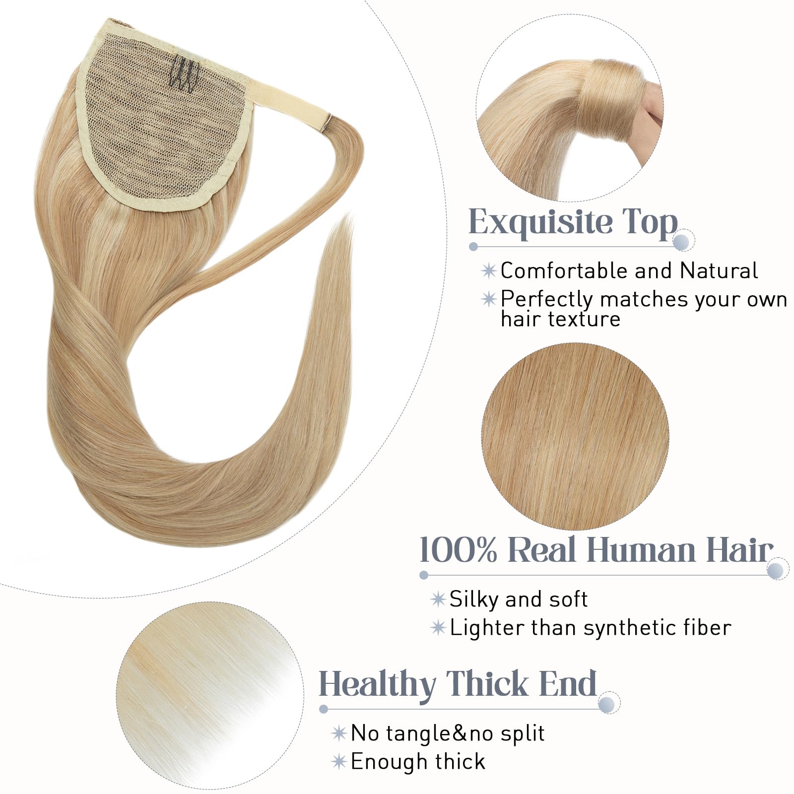 20 Inch Real Human Hair Ponytail Extensions - #18P613 Ash Blonde & Bleach Blonde Wrap Around Clip In Ponytail for Women (90g) | Long Straight Hairpiece for Parties, Weddings & Daily Styling