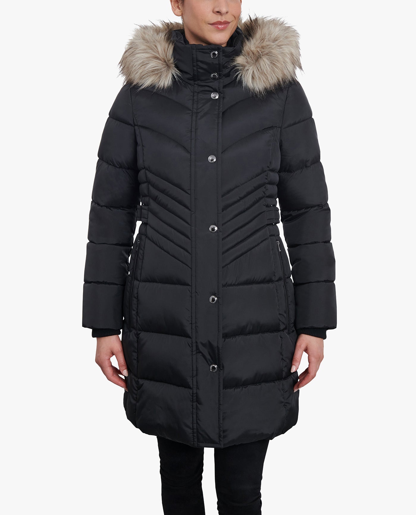 Plus Size Zip Front Long Length Puffer Jacket with Removable Fur Trim Hood - Warm Winter Coat for Women, Outdoor Activities & Casual Wear