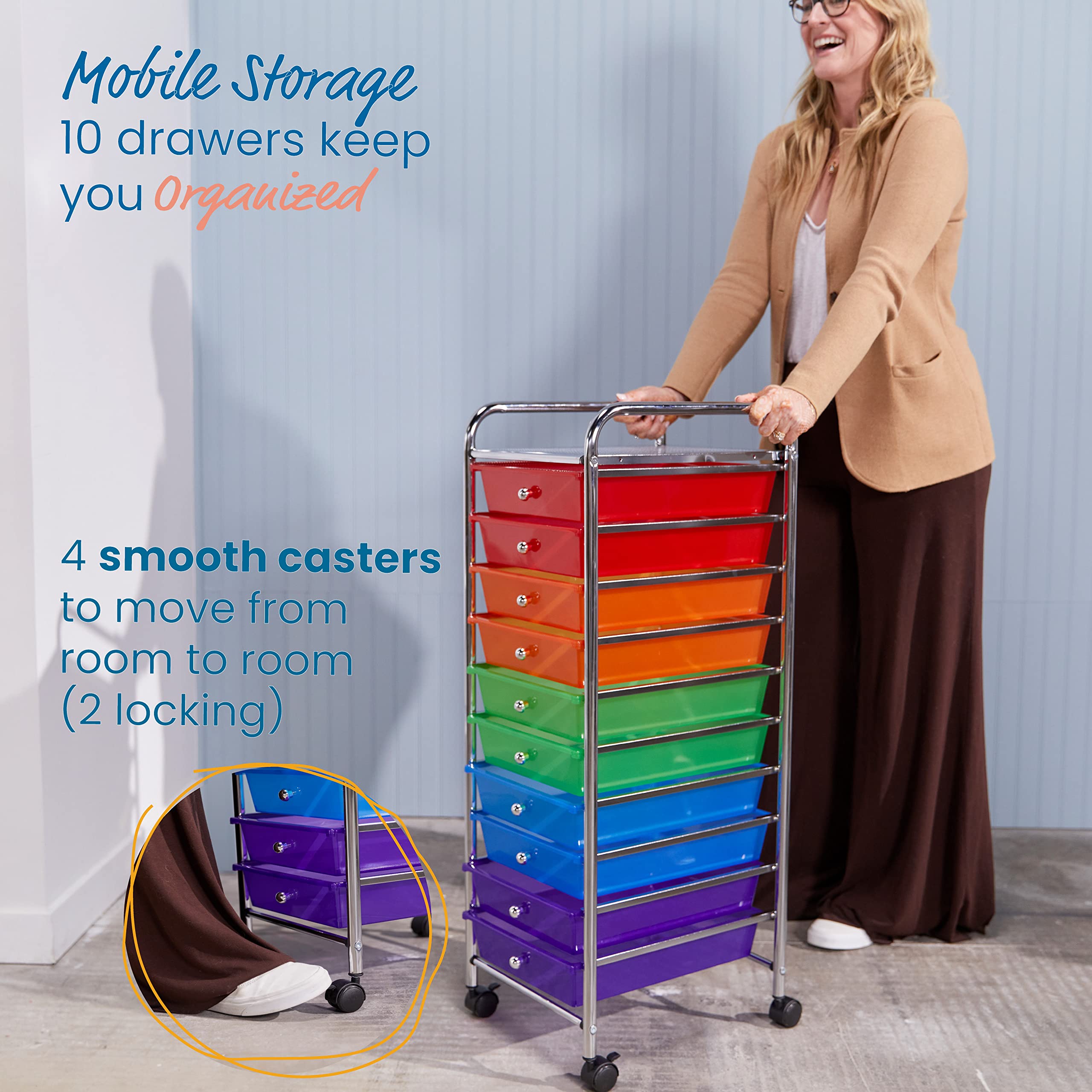 ECR4Kids 10-Drawer Rolling Storage Cart with Wheels - Mobile Classroom & Home Organizer for Toys, Art Supplies, Office Essentials - Ideal for Daycare, School, and Office Organization