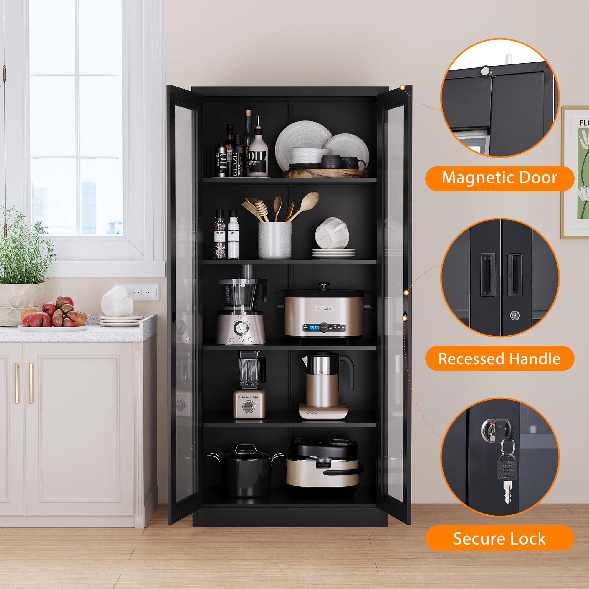 5-Tier Tall Bookcase Storage Cabinet with Tempered Glass Door & 4 Adjustable Shelves - Metal Display Curio Cabinet for Liquor, Books & Collectibles - Perfect for Home, Study, Living Room & Office Decor (Black)