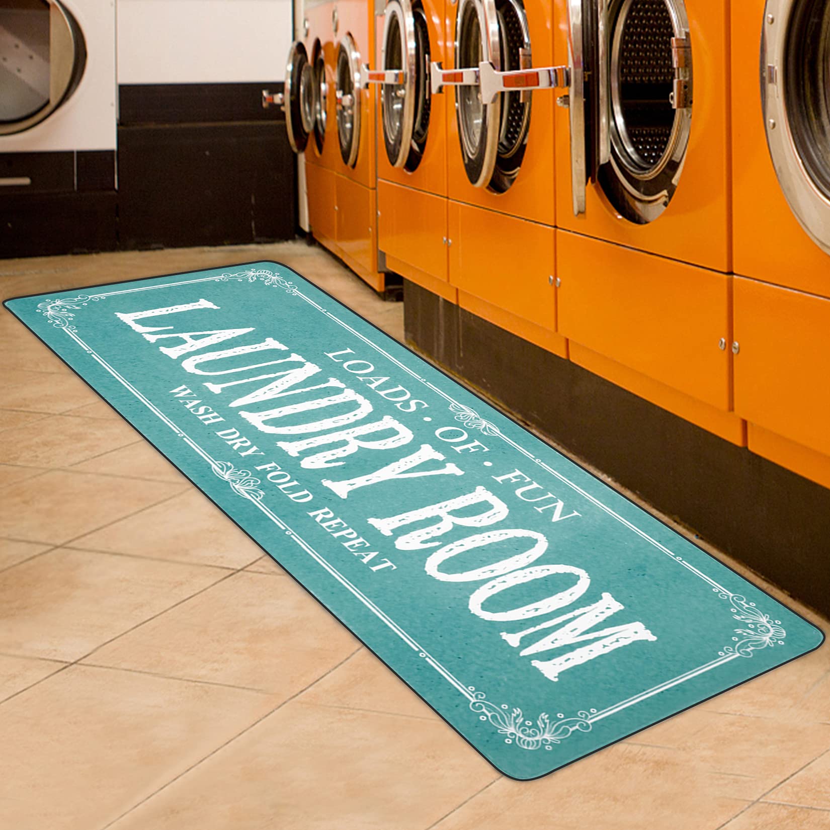 Non-Slip Laundry Room Rug Runner - 2'x6' Teal Farmhouse Style Washable Floor Mat for Kitchen, Bathroom & Mudroom - Durable Anti-Skid Decor Accessory for High Traffic Areas