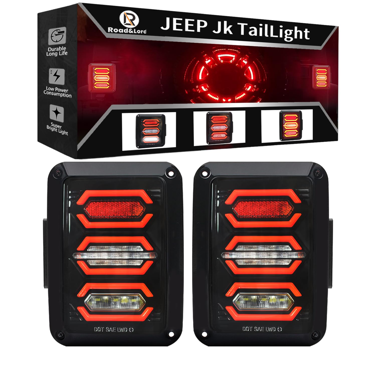 Wrangler JK LED Tail Lights - Black with Clear Lens | Compatible with 2007-2018 Jeep Wrangler JK | Brake Lights, Reverse Lights & DRL | Upgrade for Off-Road & Night Driving Safety